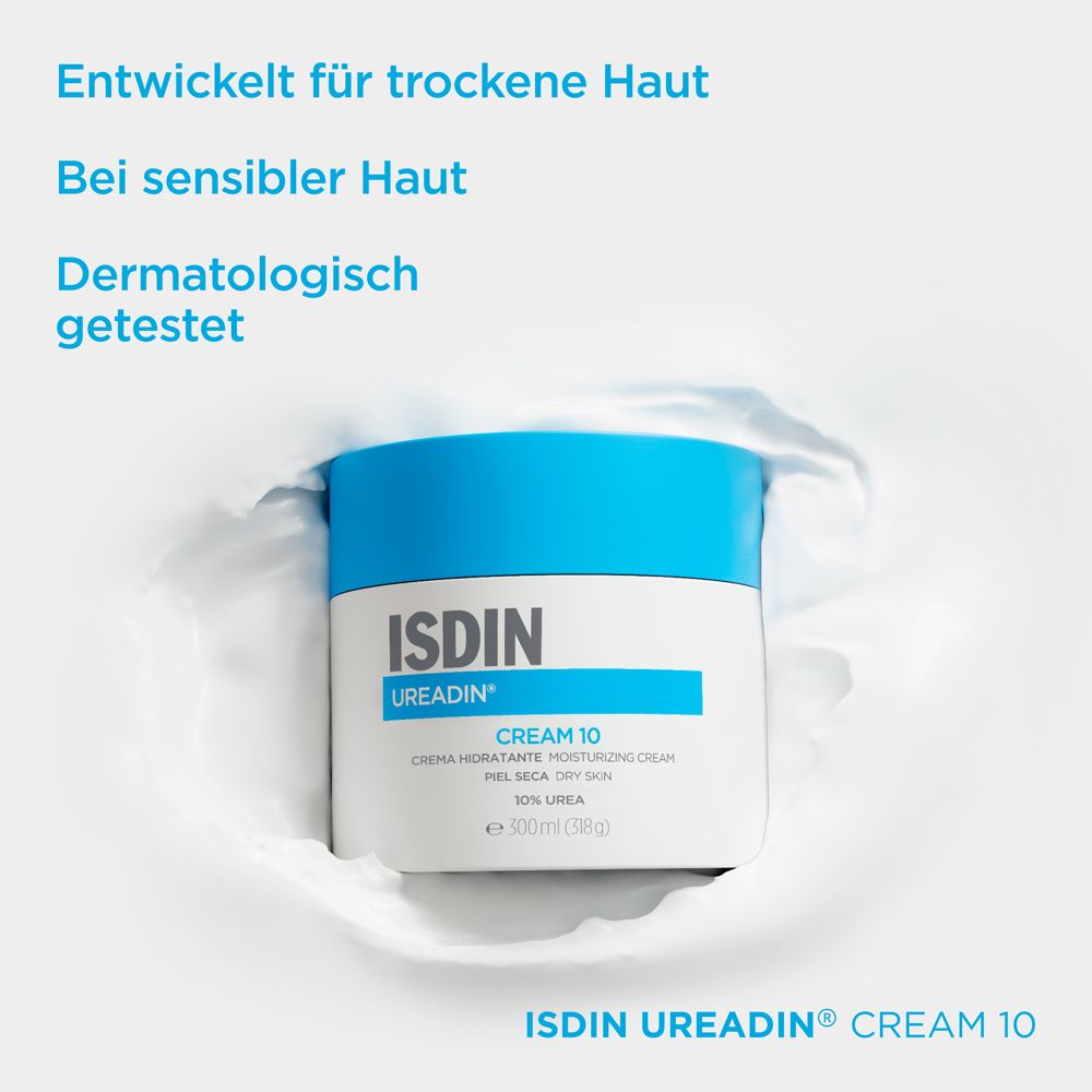 Creme-Dose mit blauem Deckel. Aufschrift: ISDIN UREADIN CREAM 10. Text: Entwickelt für trockene Haut.