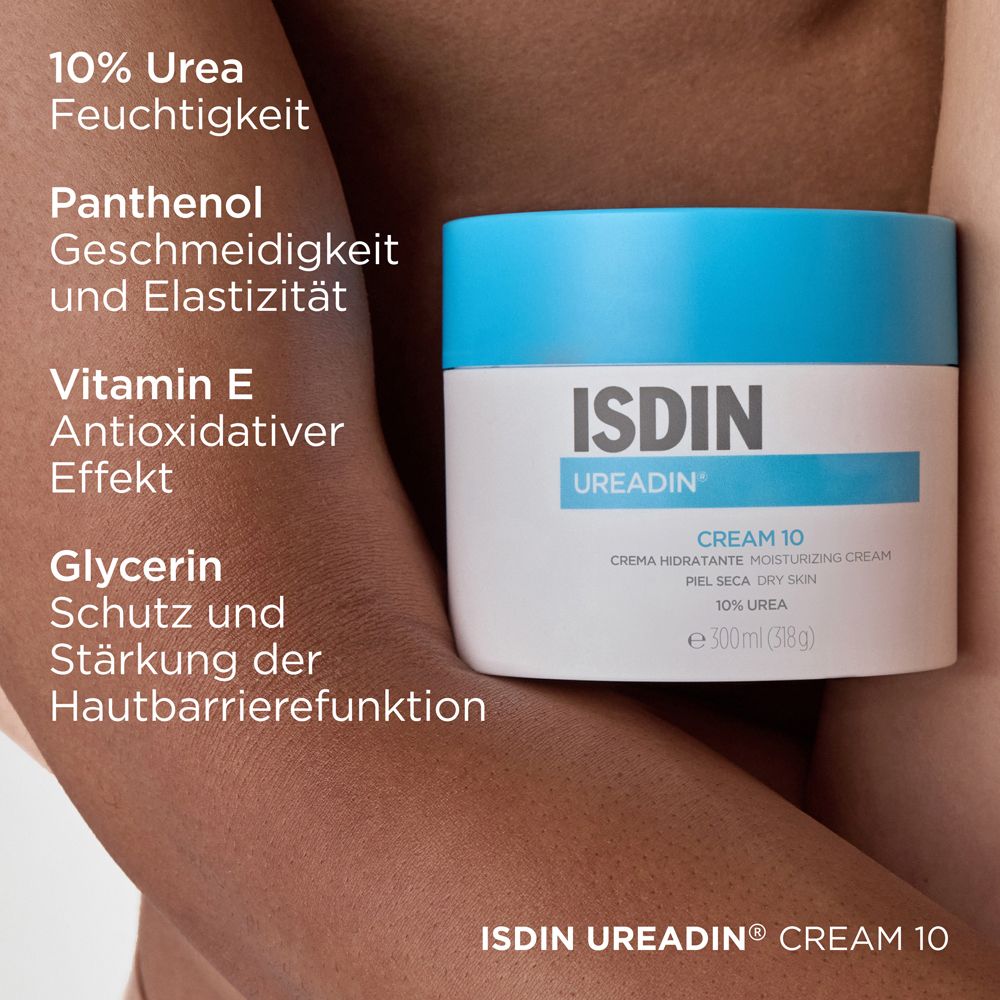 Creme-Dose mit blauem Deckel. Aufschrift: ISDIN UREADIN CREAM 10. Text: 10% Urea, Panthenol, Vitamin E, Glycerin.