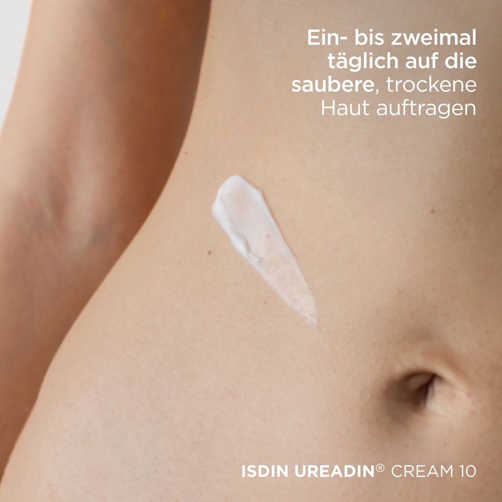 Weißes Produkt auf Haut aufgetragen. Text: Ein- bis zweimal täglich auf die saubere, trockene Haut auftragen.