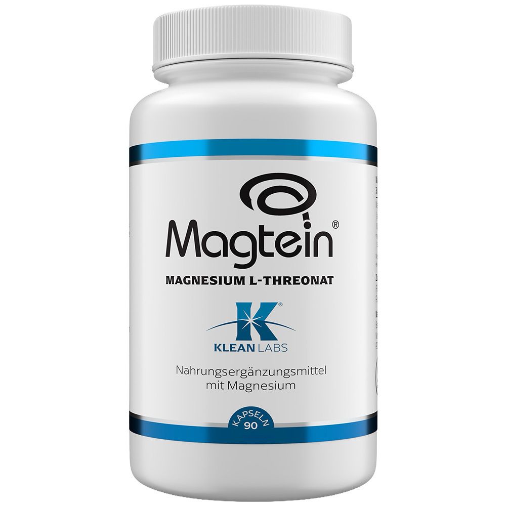 Weiße Kapsel-Flasche mit blauem Etikett: Magtein Magnesium L-Threonat von Klean Labs, 90 Kapseln.