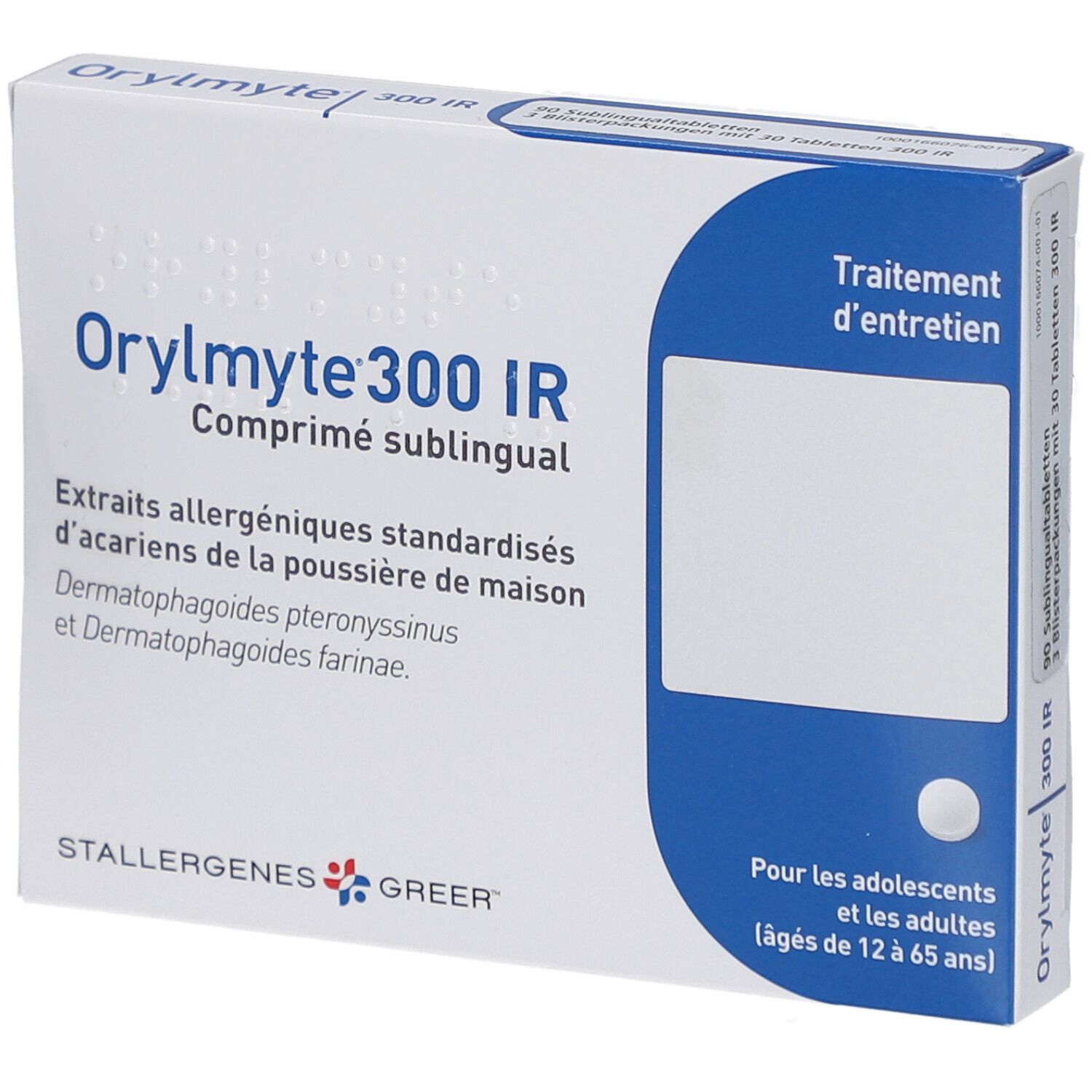 Orylmyte 300 IR, sublinguale Tabletten. Weiße Schachtel mit blauer Ecke. Text: Extrait allergéniques, Dermatophagoides. Für Jugendliche und Erwachsene.