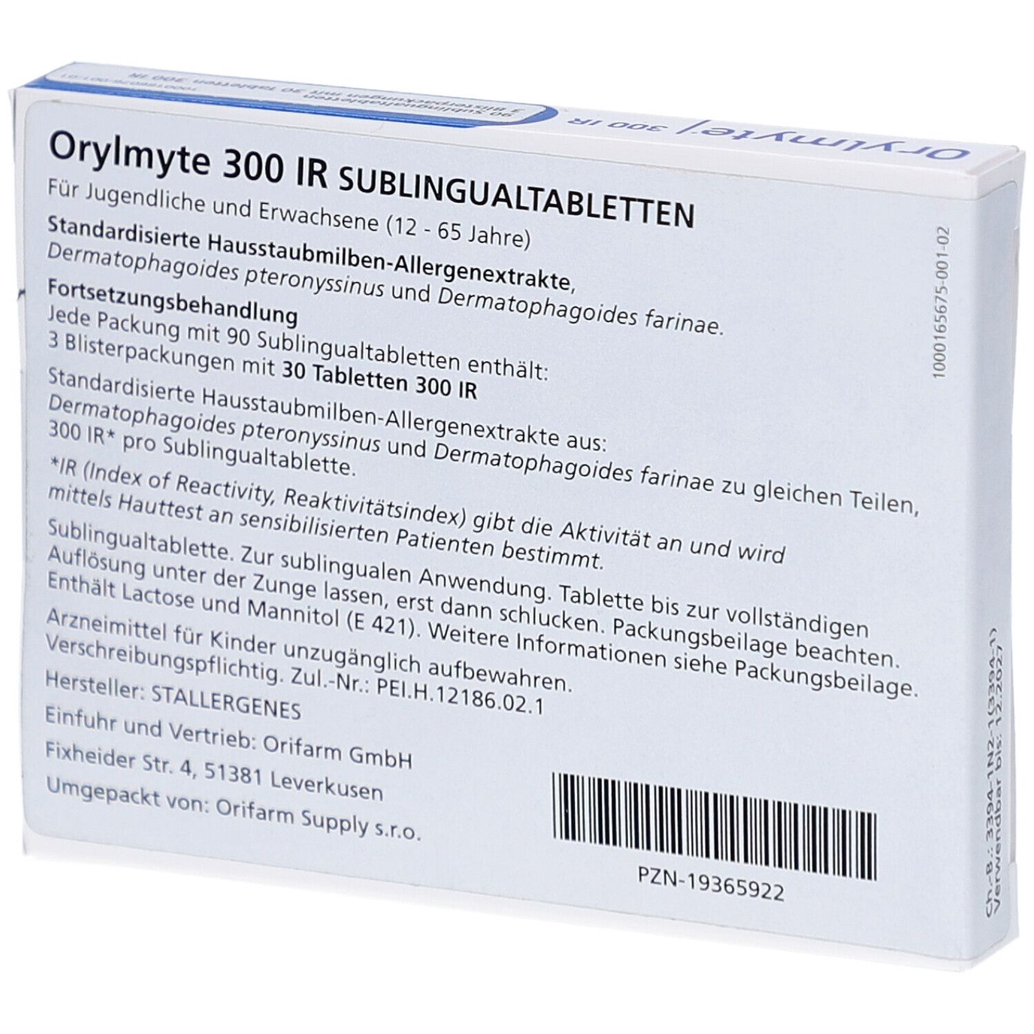 Orylmyte 300 IR sublinguale Tabletten-Packung. Text: Standardisierte Hausstaubmilben-Allergenextrakte. 90 Tabletten. Hersteller: Stallergenes.