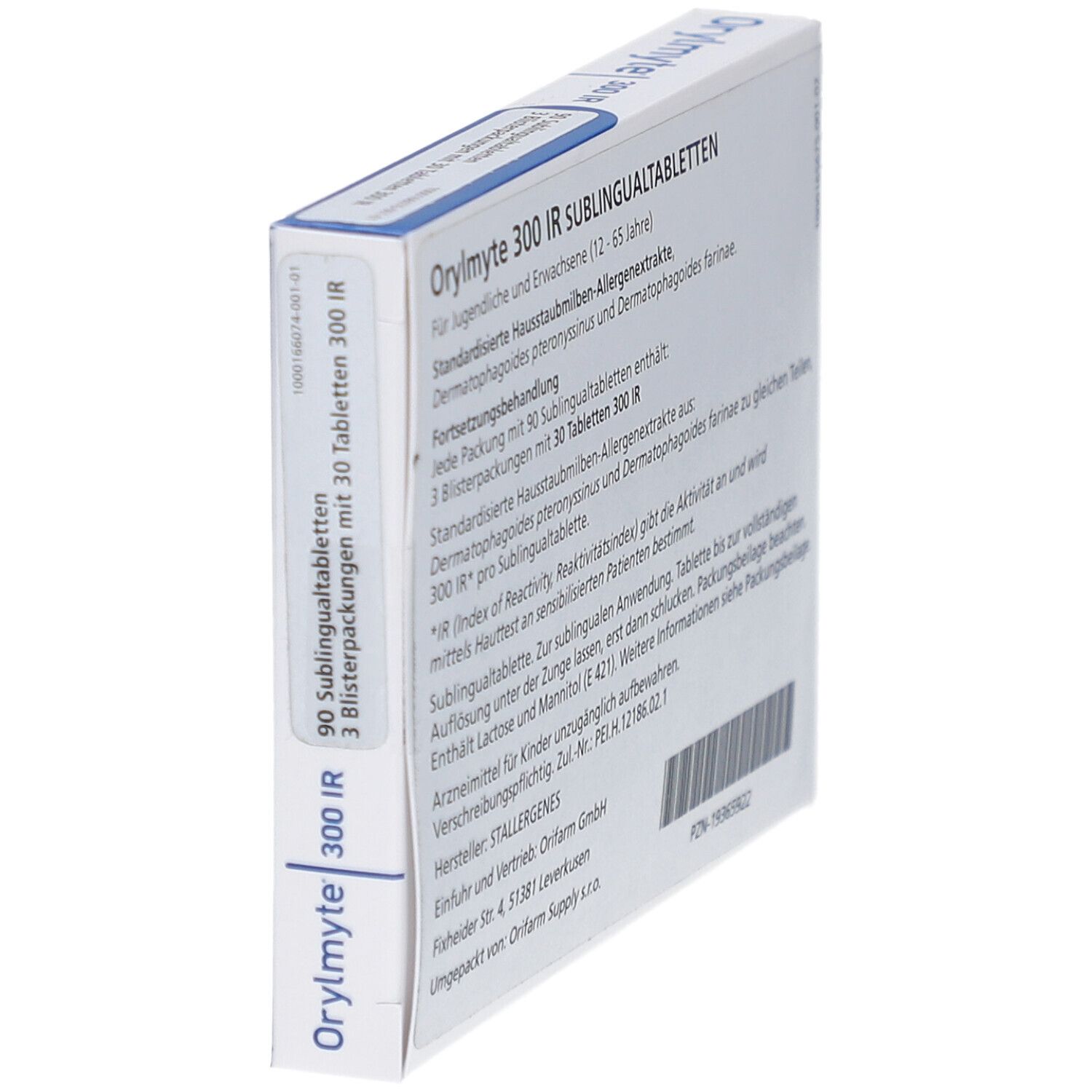 Orylmyte 300 IR-Packung, Seitenansicht. Text: 90 sublinguale Tabletten. 3 Blisterpackungen mit 30 Tabletten. Hersteller: Stallergenes.