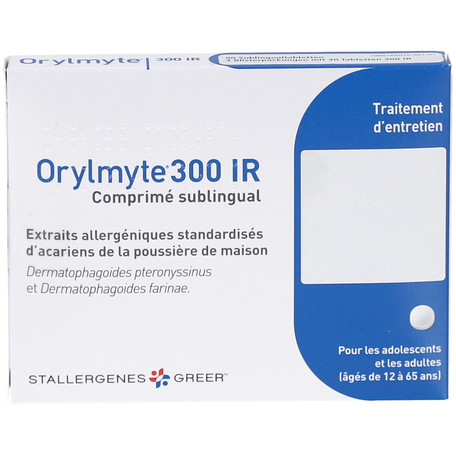 Orylmyte 300 IR, sublinguale Tabletten. Weiße Schachtel mit blauer Ecke. Text: Extrait allergéniques, Dermatophagoides. Für Jugendliche und Erwachsene.