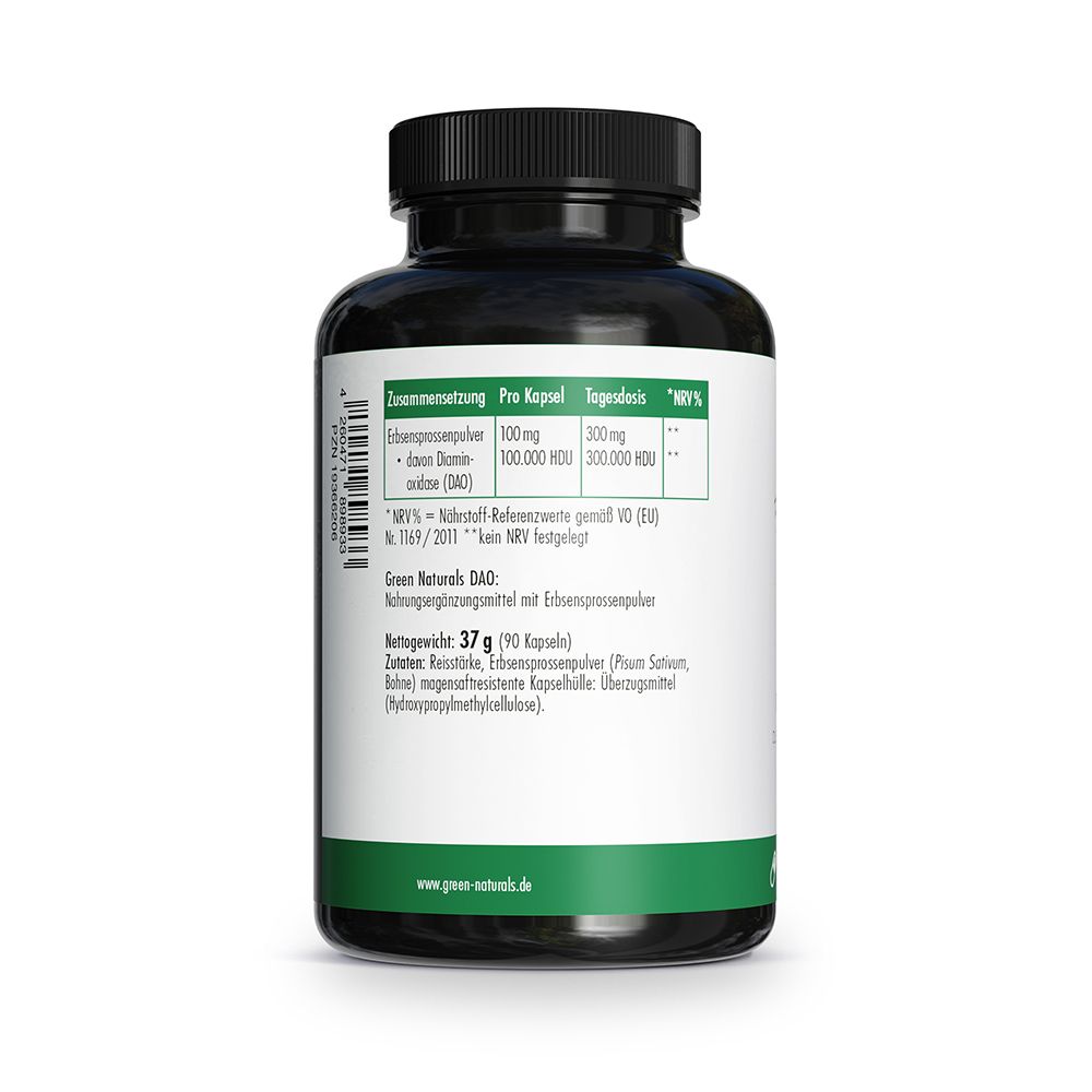 Rückseite des GREEN NATURALS DAO Behälters mit Nährwertangaben und Siegeln.