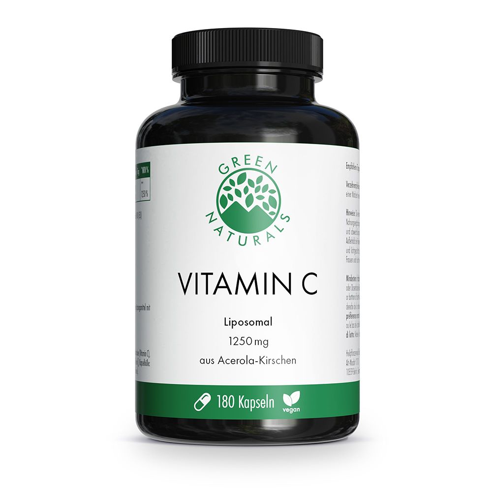 Schwarze Dose mit 180 Kapseln Vitamin C, 1250 mg, liposomal, aus Acerola-Kirschen.