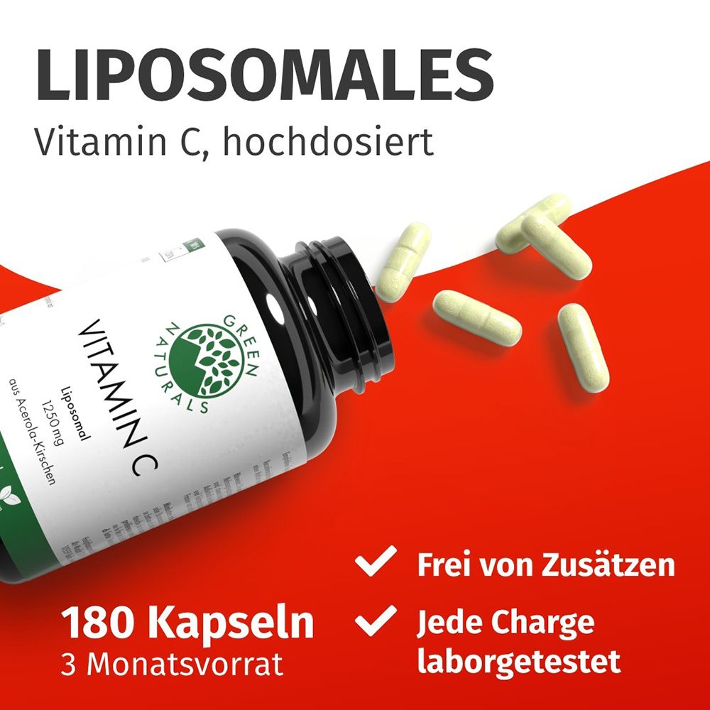 Dose mit 180 Kapseln liposomalem Vitamin C, 1250 mg, mit verstreuten Kapseln.