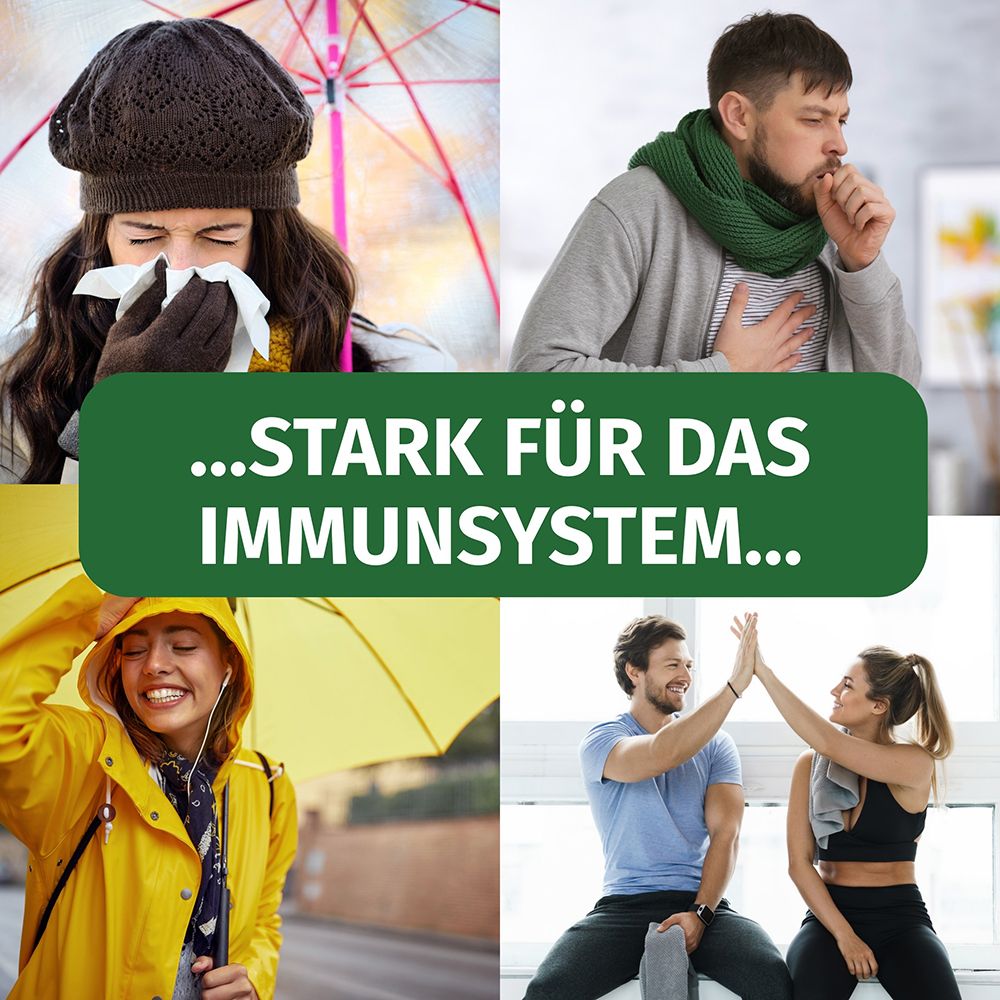 Collage: Kranke Person, hustende Person, Person im Regen, sportliches Paar. Stark für das Immunsystem.