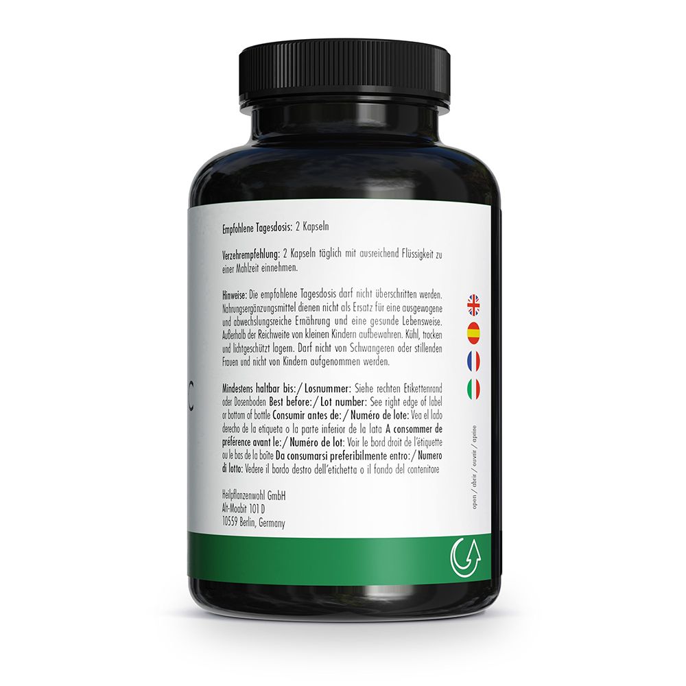 Rückseite der Dose Vitamin C mit Einnahmeempfehlung und Hinweisen in mehreren Sprachen.