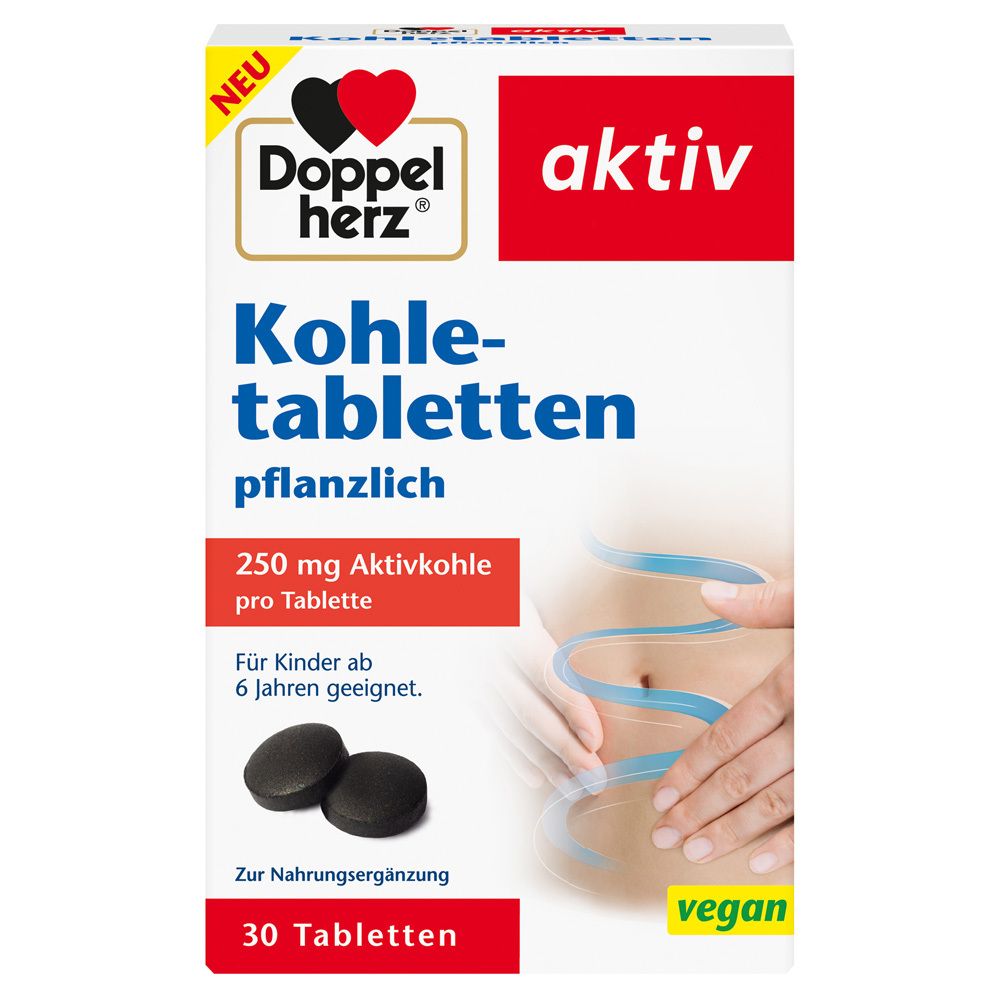 Schachtel mit Doppelherz Kohletabletten. Enthält 30 Tabletten. Aufschrift: 250 mg Aktivkohle pro Tablette. Für Kinder ab 6 Jahren geeignet.