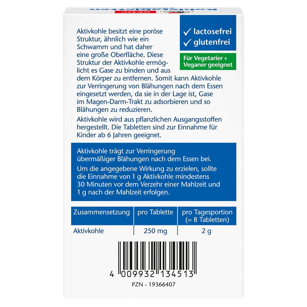 Rückseite der Schachtel mit Informationen zu Doppelherz Kohletabletten. Enthält Informationen zu Inhaltsstoffen, Anwendung und Warnhinweisen.