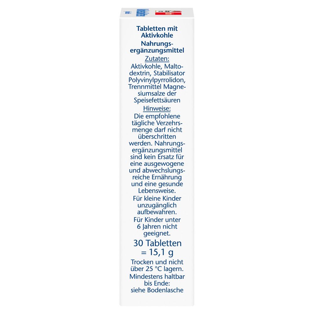 Seitenansicht der Schachtel mit Doppelherz Kohletabletten. Enthält Informationen zu Inhaltsstoffen, Dosierung und Lagerung. 30 Tabletten.