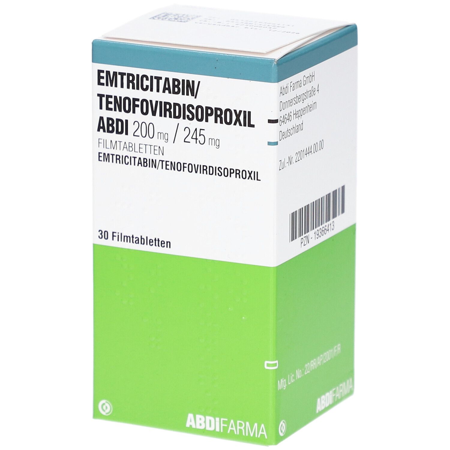 Schachtel mit EMTRICITABIN/TENOFOVIRDISOPROXIL ABDI 200mg/245mg Filmtabletten. Grün-weiß. Text: 30 Filmtabletten, ABDI FARMA.