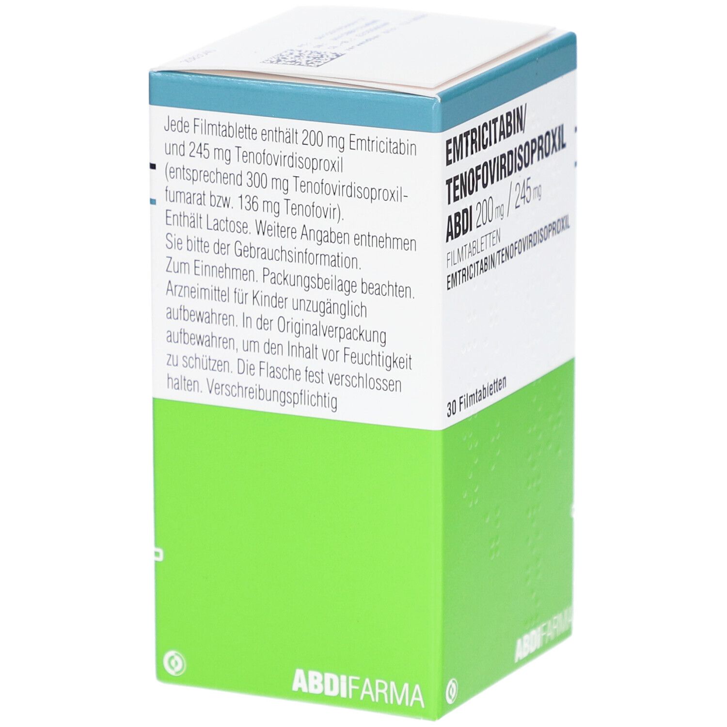 Schachtel mit EMTRICITABIN/TENOFOVIRDISOPROXIL ABDI 200mg/245mg Filmtabletten. Rückseite mit Text. Grün-weiß. ABDI FARMA.