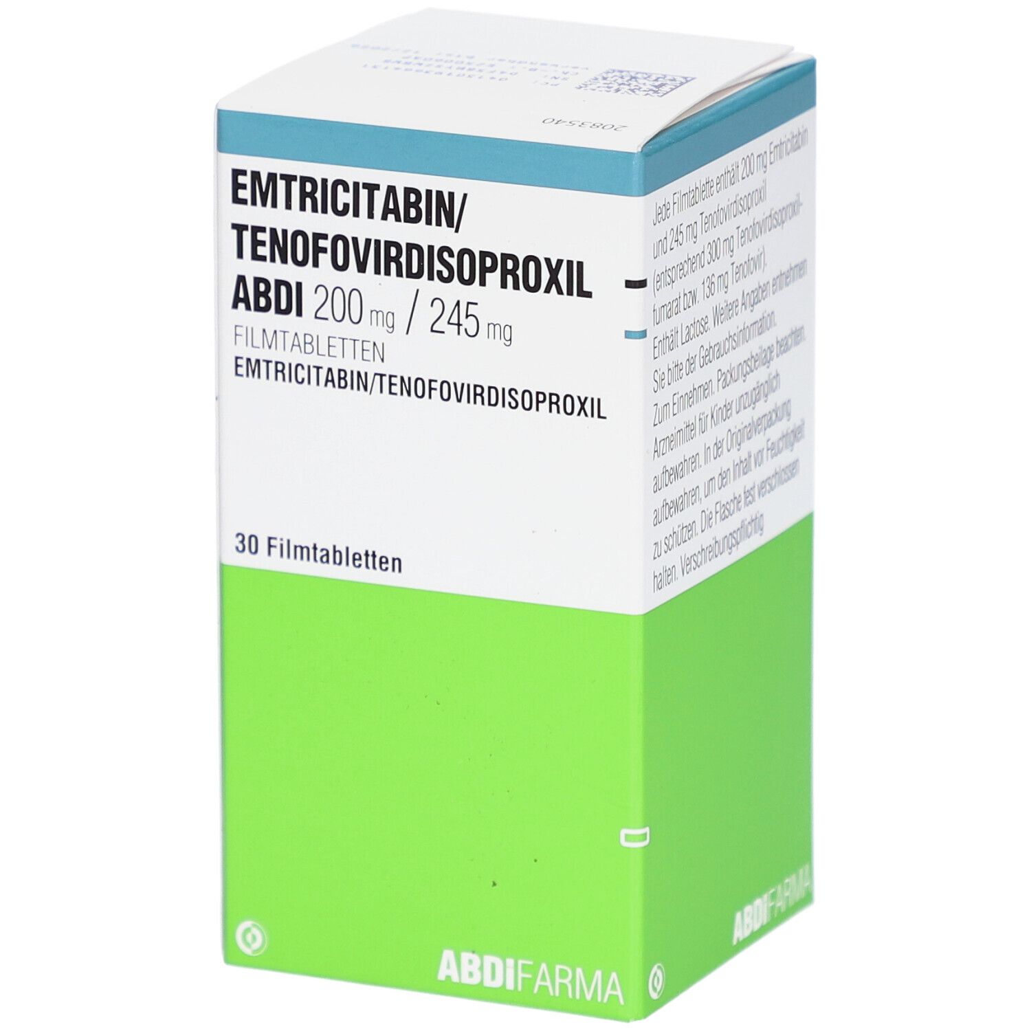 Medikamentenverpackung. Aufschrift: EMTRICITABIN/TENOFOVIRDISOPROXIL ABDI 200 mg / 245 mg. 30 Filmtabletten. ABDI FARMA.