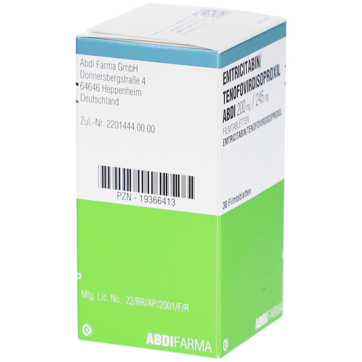 Schachtel mit EMTRICITABIN/TENOFOVIRDISOPROXIL ABDI 200mg/245mg Filmtabletten. Grün-weiß. Text: 30 Filmtabletten, ABDI FARMA.