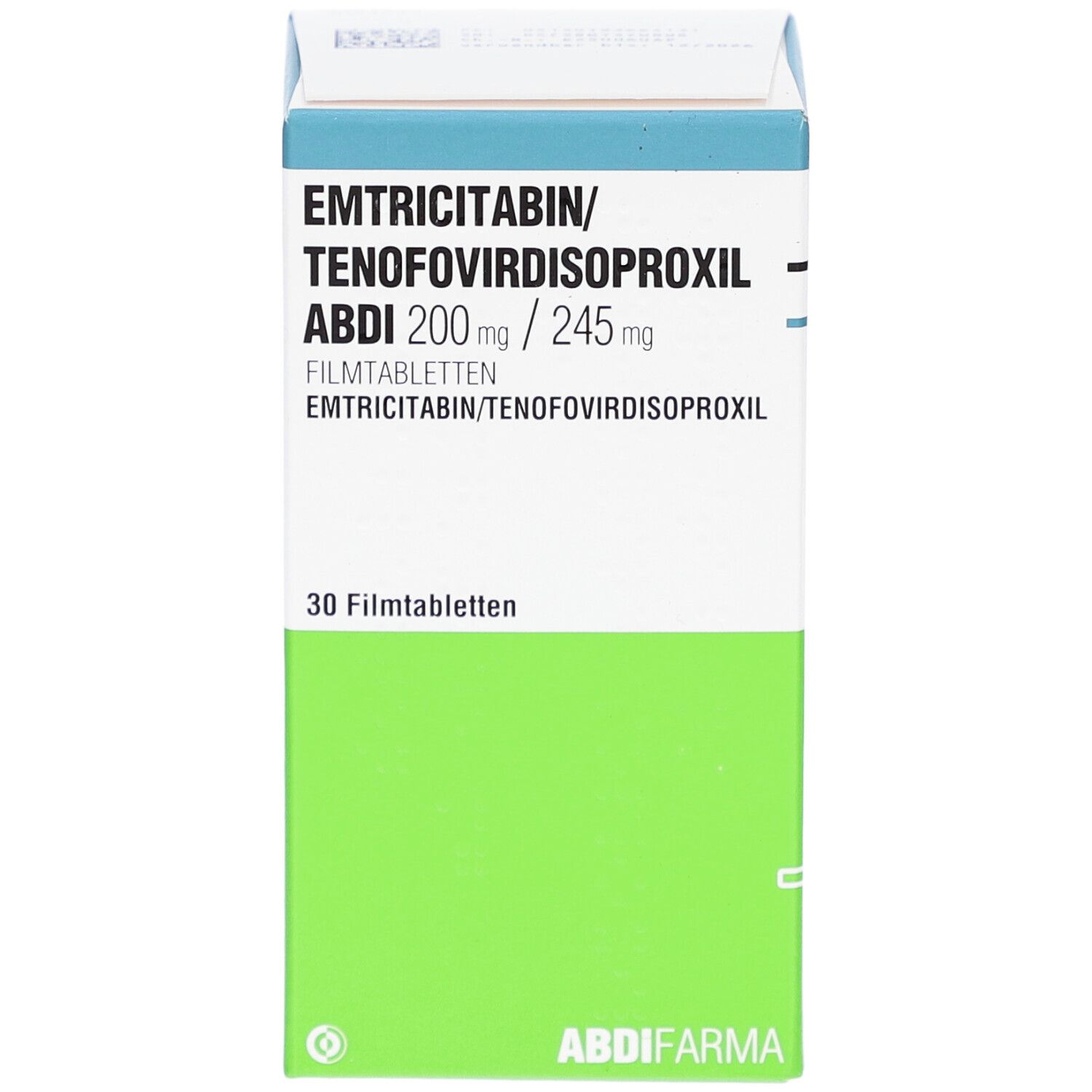 Schachtel mit EMTRICITABIN/TENOFOVIRDISOPROXIL ABDI 200mg/245mg Filmtabletten. Grün-weiß. Text: 30 Filmtabletten, ABDI FARMA.