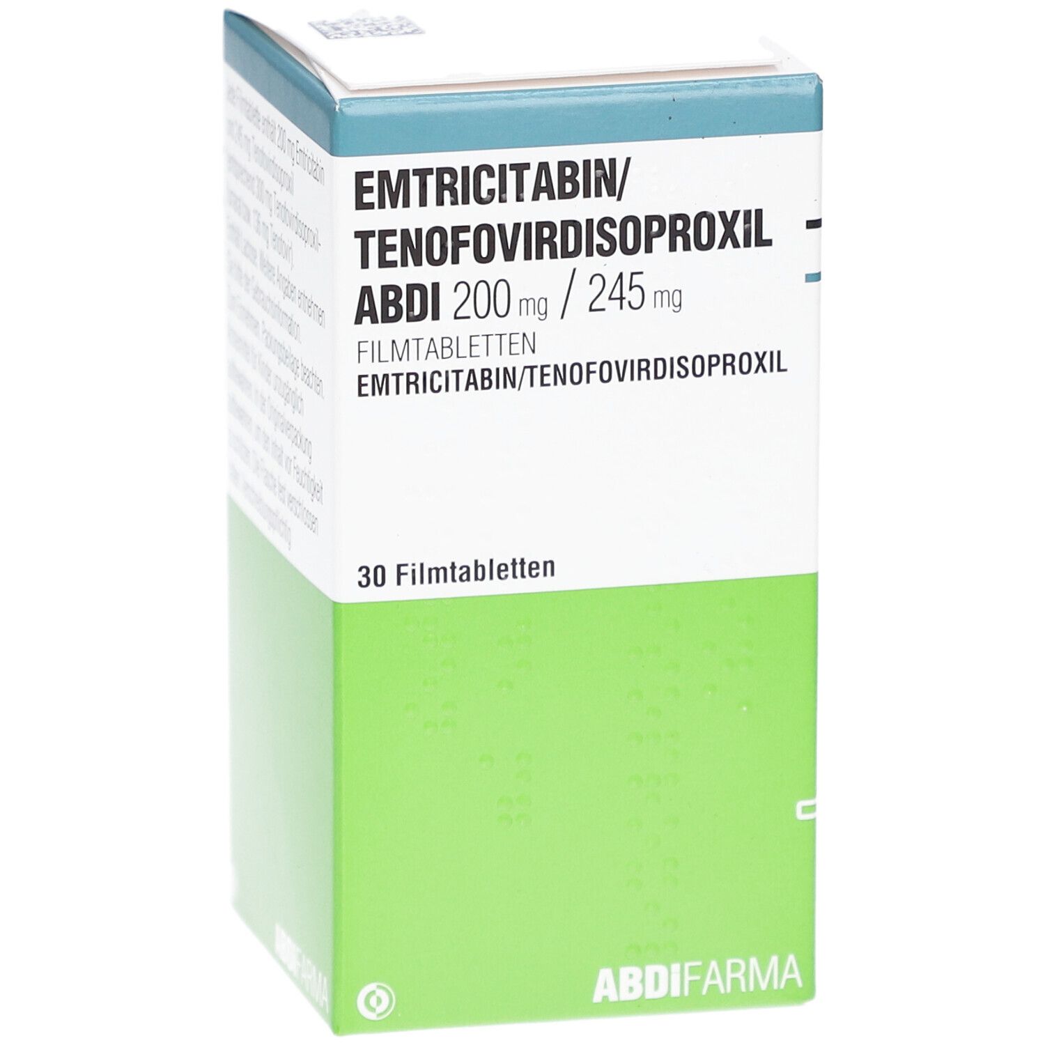 Schachtel mit EMTRICITABIN/TENOFOVIRDISOPROXIL ABDI 200mg/245mg Filmtabletten. Grün-weiß. Text: 30 Filmtabletten, ABDI FARMA.