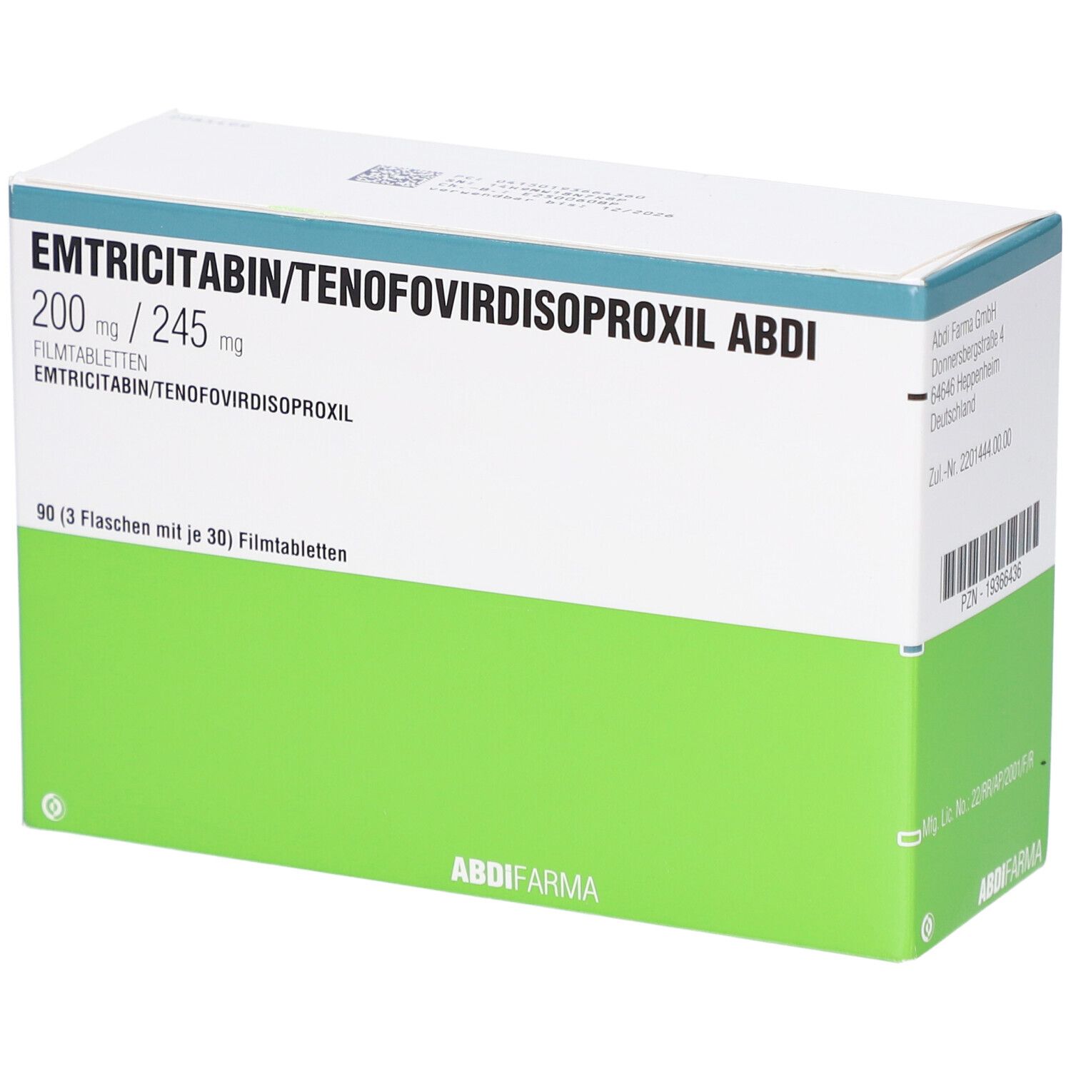 Verpackung von EMTRICITABIN/TENOFOVIRDISOPROXIL ABDI. Weiße und grüne Schachtel mit Produktnamen und Dosierung. 90 Filmtabletten.