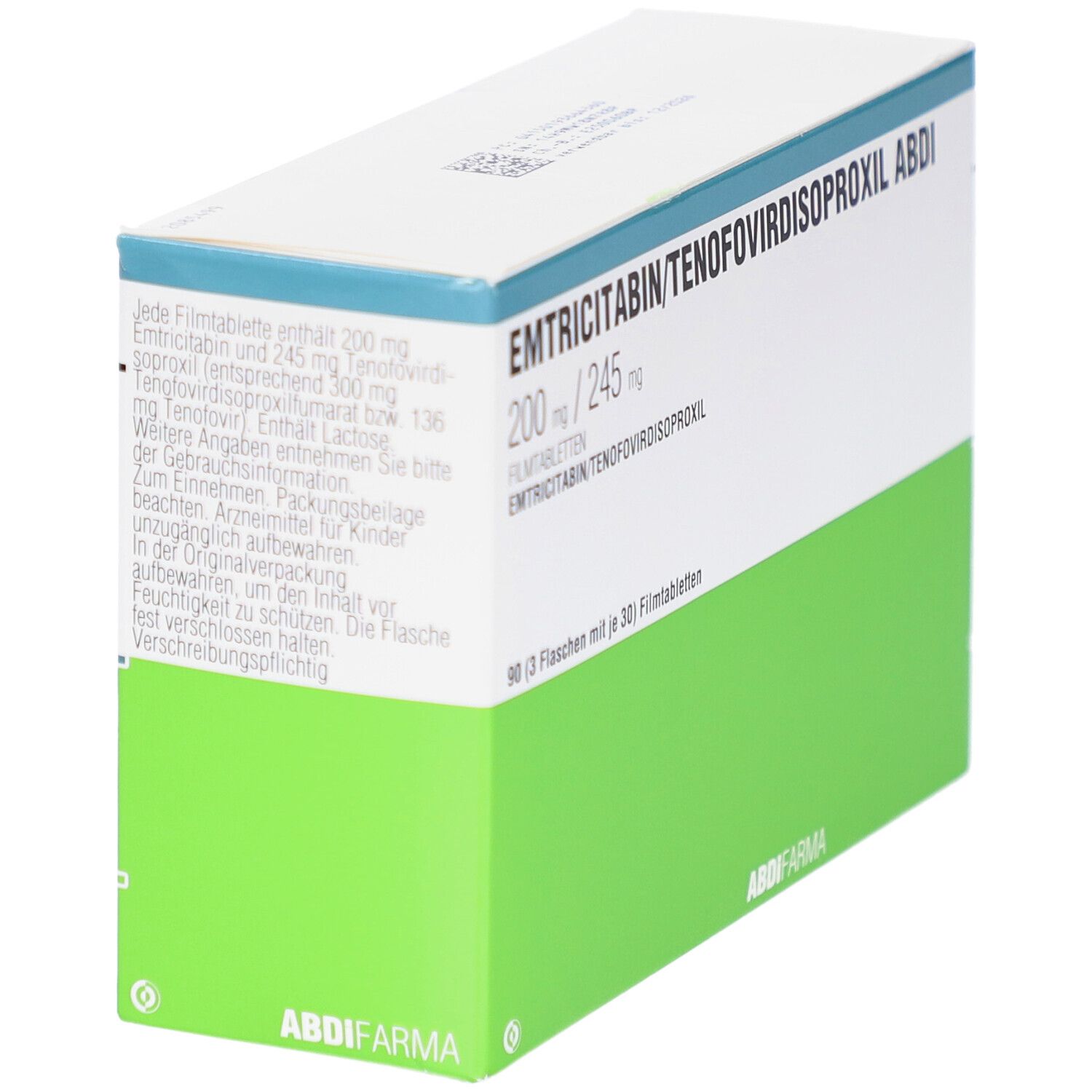 Schachtel EMTRICITABIN/TENOFOVIRDISOPROXIL ABDI. Weiße und grüne Verpackung mit Produktinformationen. Enthält 90 Filmtabletten.