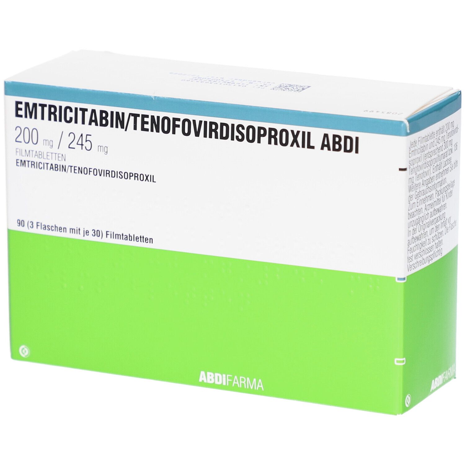 Verpackung von EMTRICITABIN/TENOFOVIRDISOPROXIL ABDI. Weiße und grüne Schachtel mit Produktnamen und Dosierung. 90 Filmtabletten.