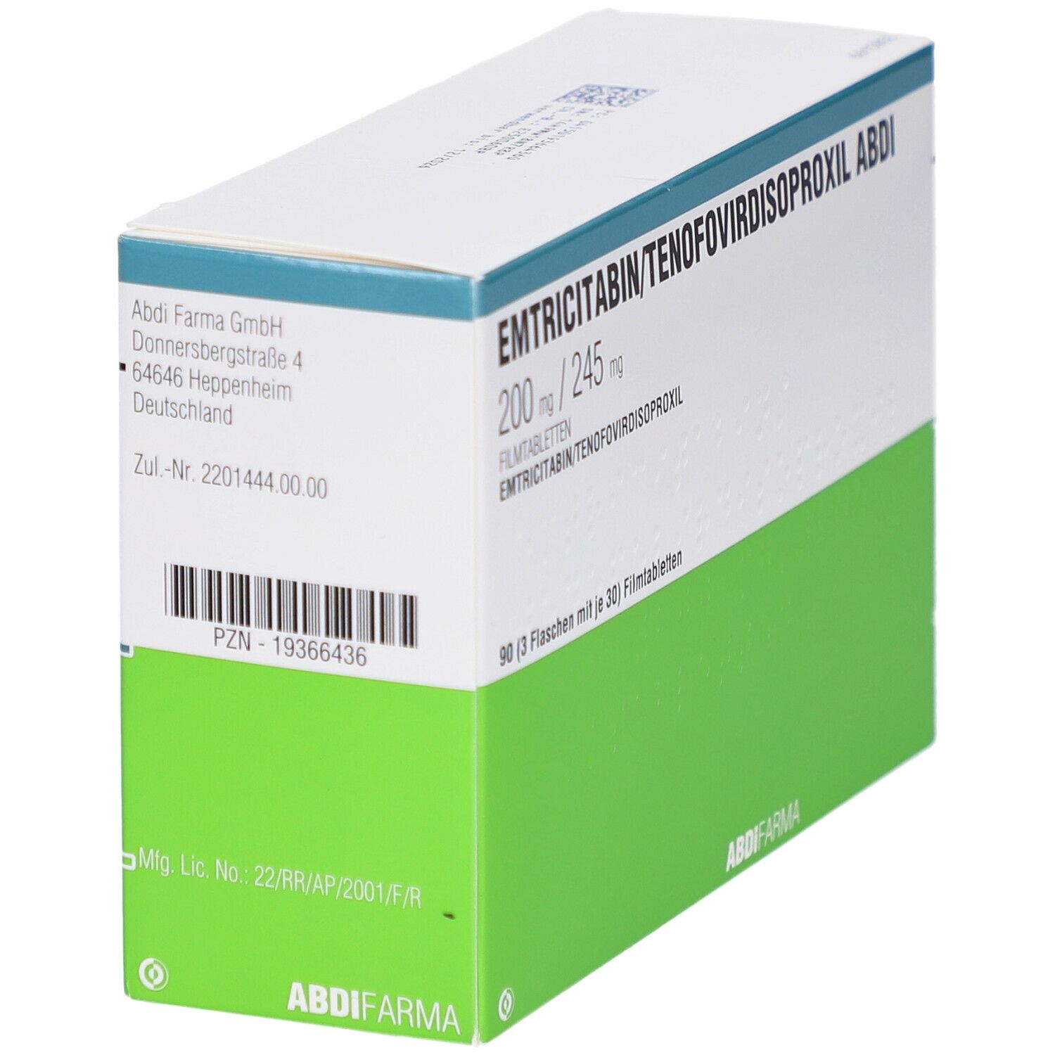 Schachtel EMTRICITABIN/TENOFOVIRDISOPROXIL ABDI. Weiße und grüne Verpackung mit Produktinformationen und Adresse. 90 Filmtabletten.
