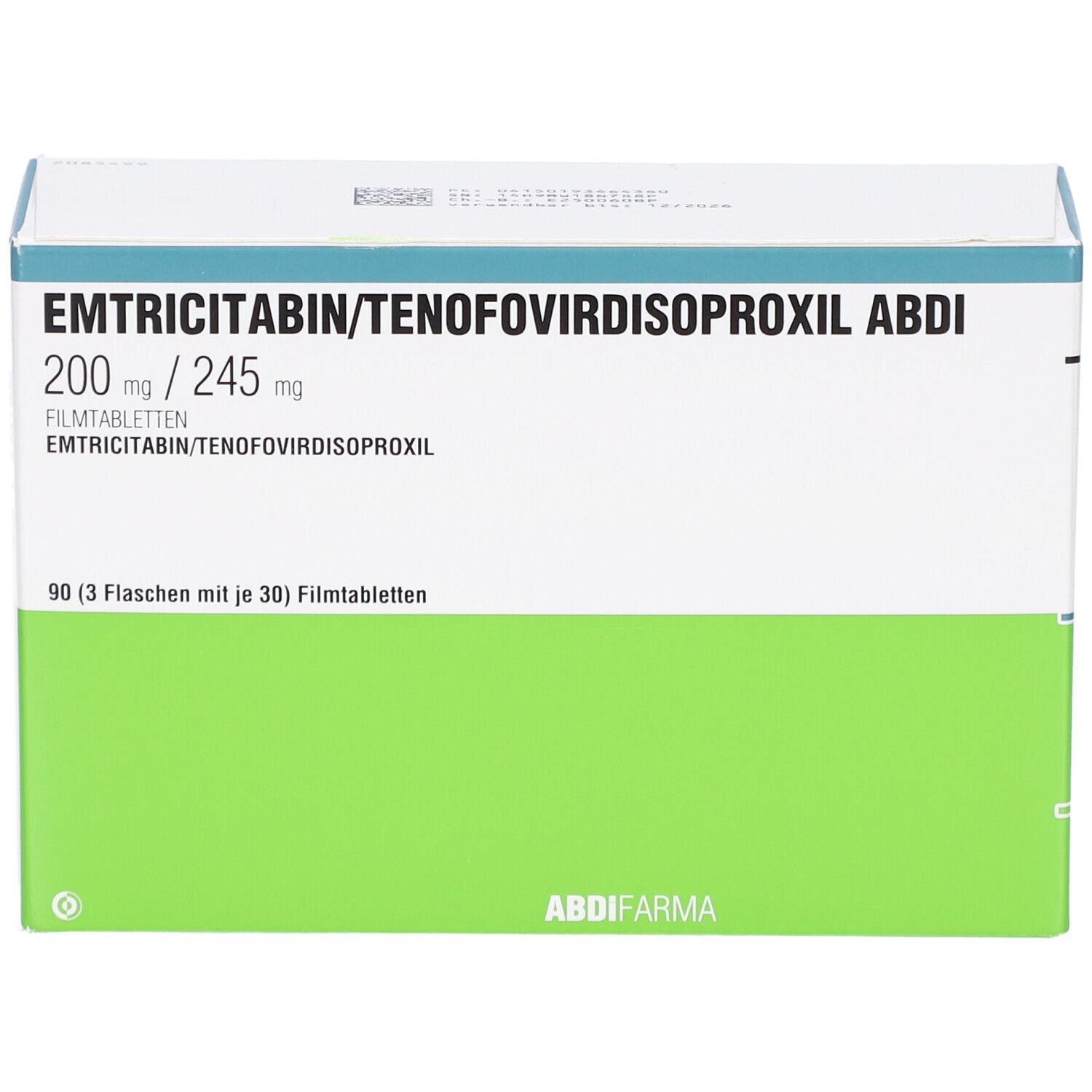 Verpackung von EMTRICITABIN/TENOFOVIRDISOPROXIL ABDI. Weiße und grüne Schachtel mit Produktnamen und Dosierung. 90 Filmtabletten.