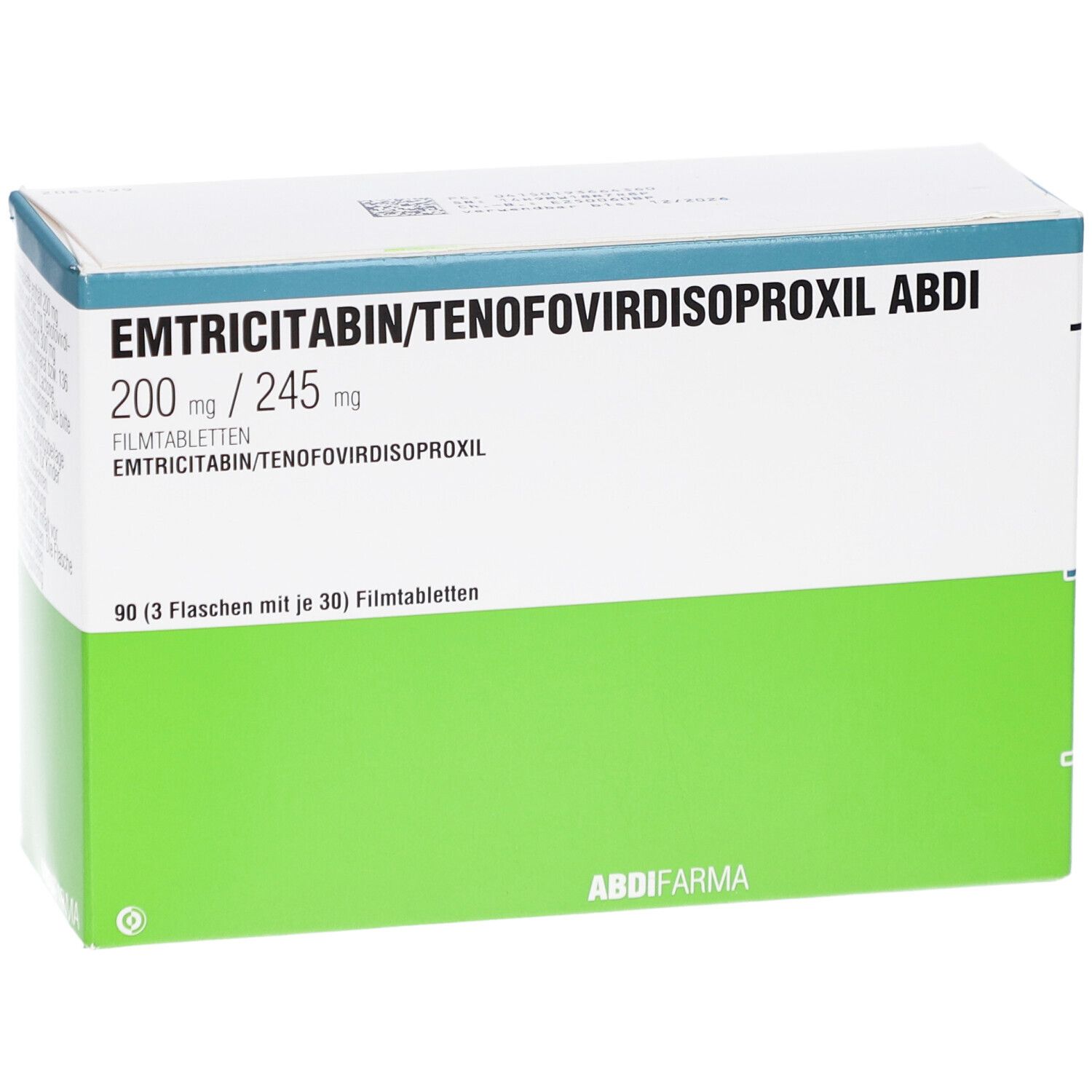 Verpackung von EMTRICITABIN/TENOFOVIRDISOPROXIL ABDI. Weiße und grüne Schachtel mit Produktnamen und Dosierung. 90 Filmtabletten.