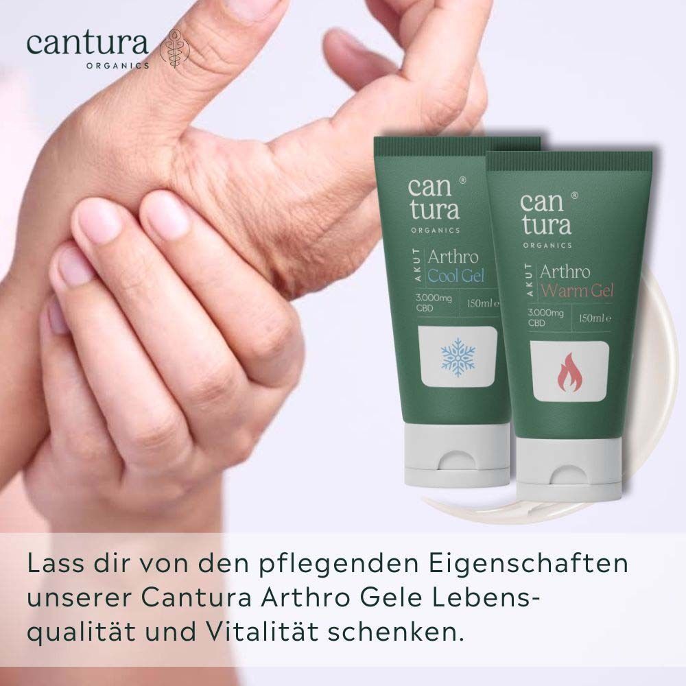 Zwei grüne Tuben mit weißem Verschluss. Text: Arthro Cool Gel und Warm Gel. Marke: Cantura. Auf weißem Untergrund.
