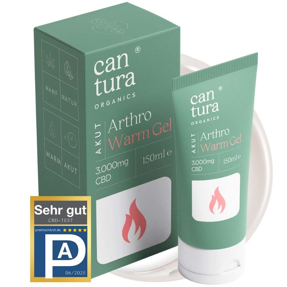 Grünes Gel-Tuben mit weißem Deckel. Text: Arthro Cool Gel, 3.000mg CBD, 150ml. Marke: Cantura. Auf Holzsockel.