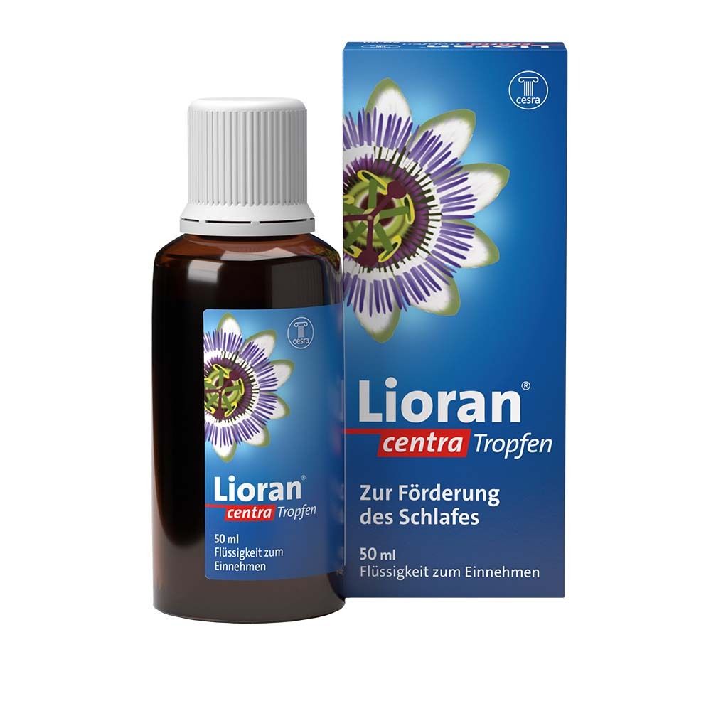 Braune Flasche mit weißem Deckel und blauer Verpackung. Aufschrift: Lioran centra Tropfen.