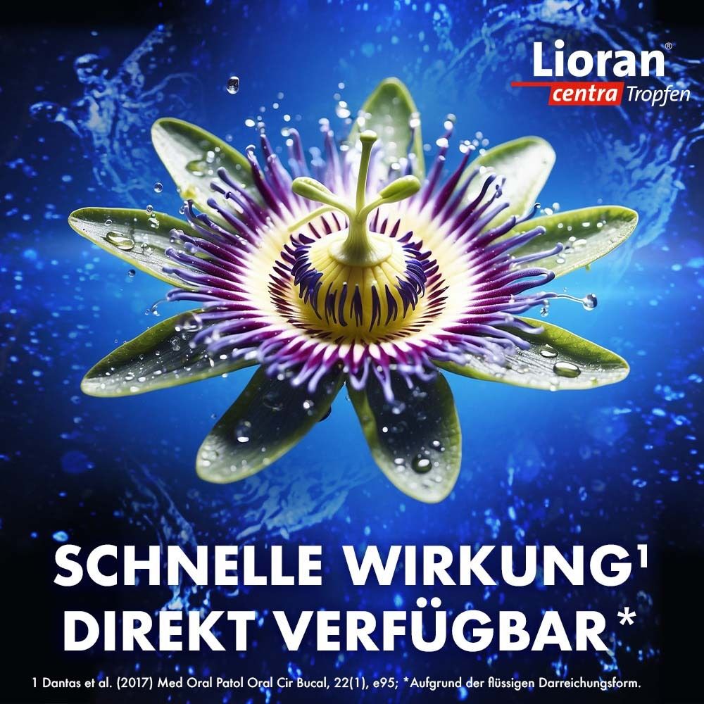 Blauer Hintergrund mit Tropfen und Blüte. Text: SCHNELLE WIRKUNG! DIREKT VERFÜGBAR.