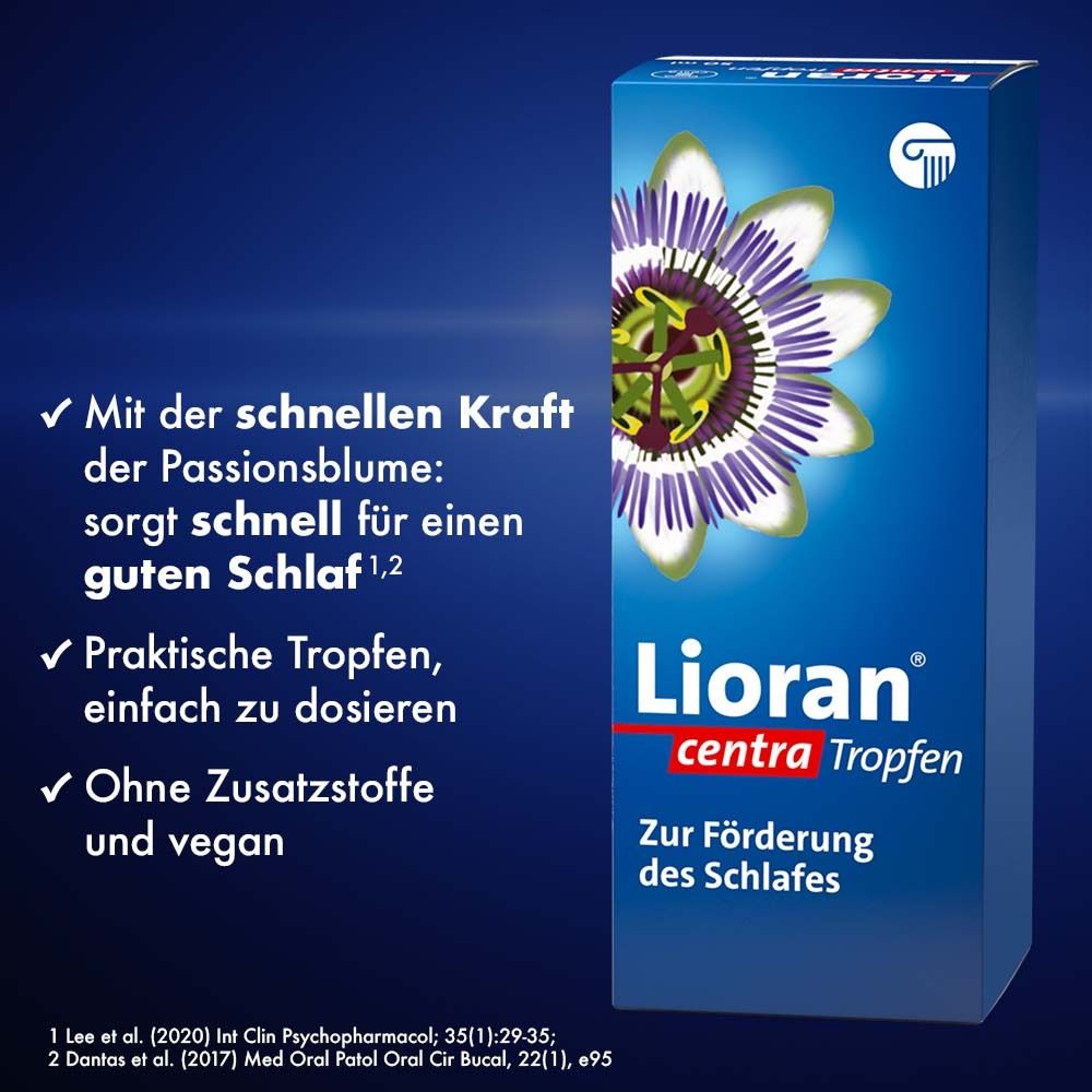Packung und Text: Lioran centra Tropfen. Text: Zur Förderung des Schlafes.