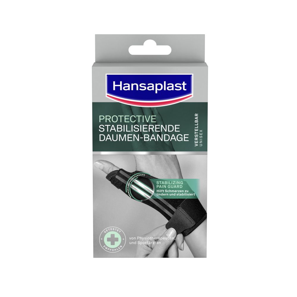 Hansaplast Daumen-Bandage in Verpackung. Schwarz, mit Klettverschluss. Aufdruck: Protective Stabilisierende Daumen-Bandage.