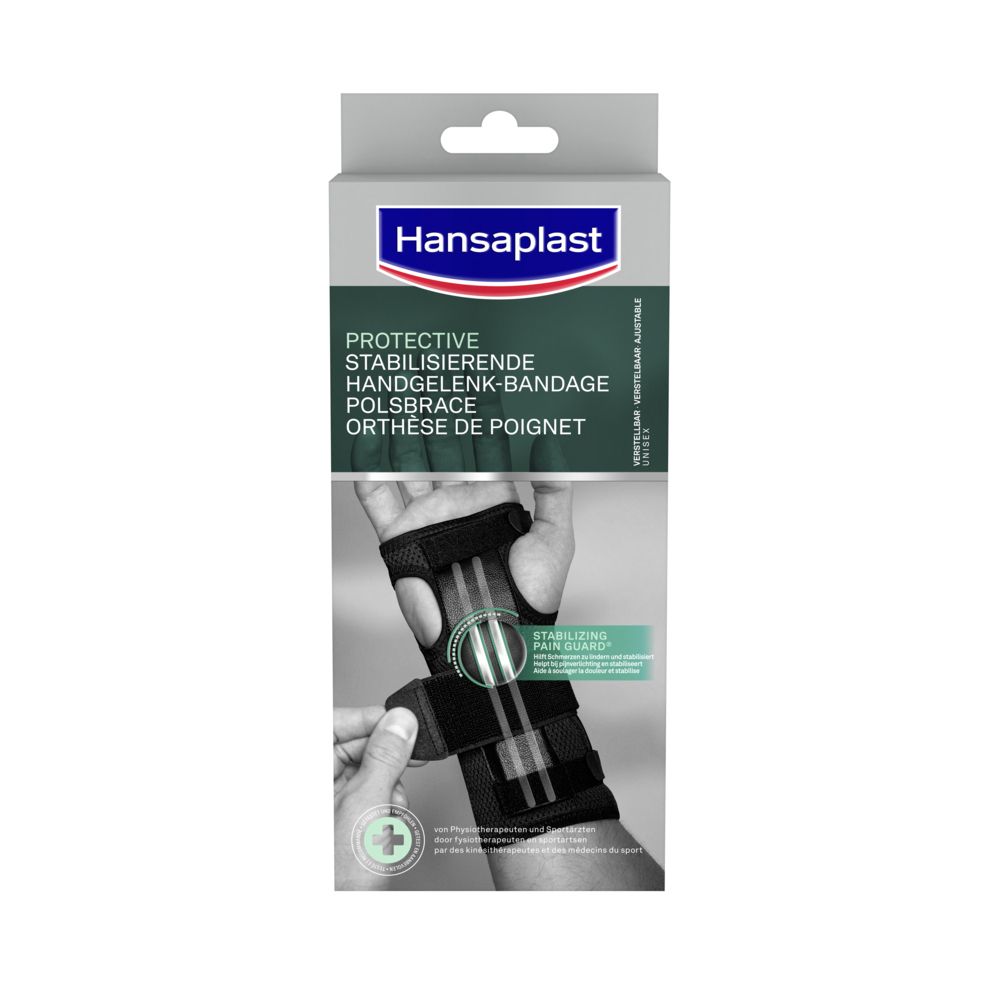Verpackung der Handgelenk-Bandage. Marke Hansaplast. Text: Protective Stabilisierende Handgelenk-Bandage.