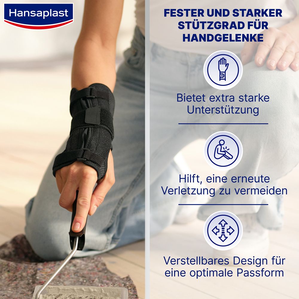 Person mit Handgelenkbandage beim Malen. Text: Bietet extra starke Unterstützung. Hilft, Verletzungen zu vermeiden.