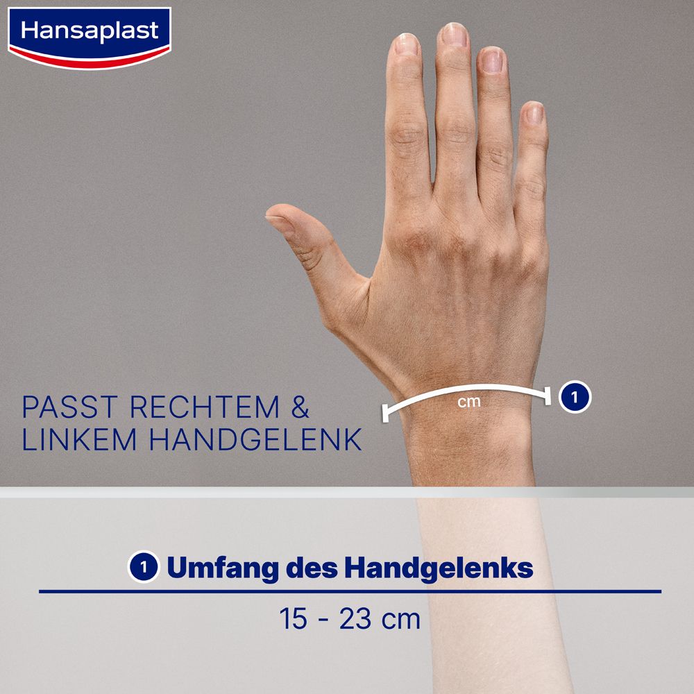 Handgelenk mit Maßband. Text: Passt rechtem & linkem Handgelenk. Umfang des Handgelenks 15-23 cm.