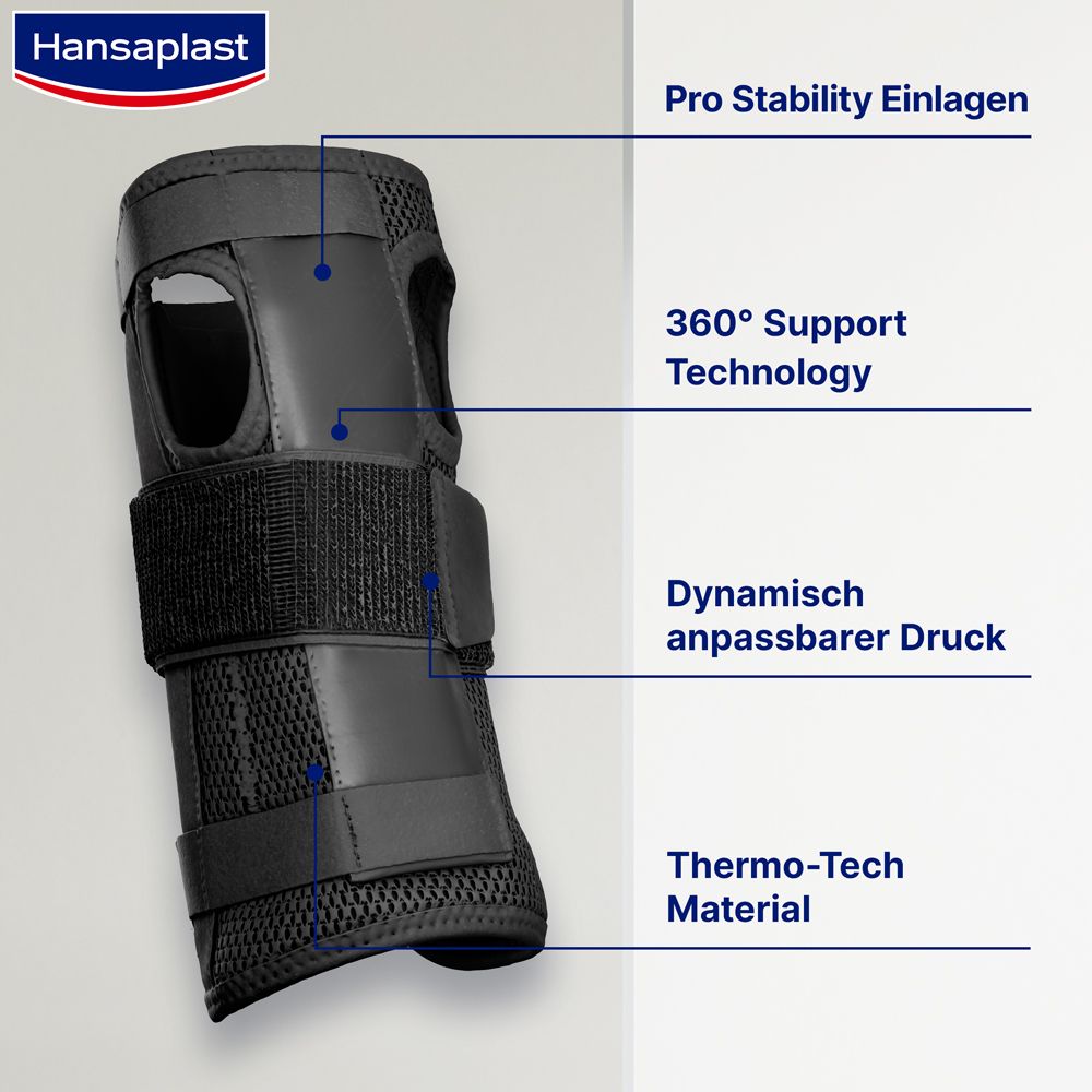 Handgelenkbandage. Text: Pro Stability Einlagen, 360° Support Technology, Thermo-Tech Material.
