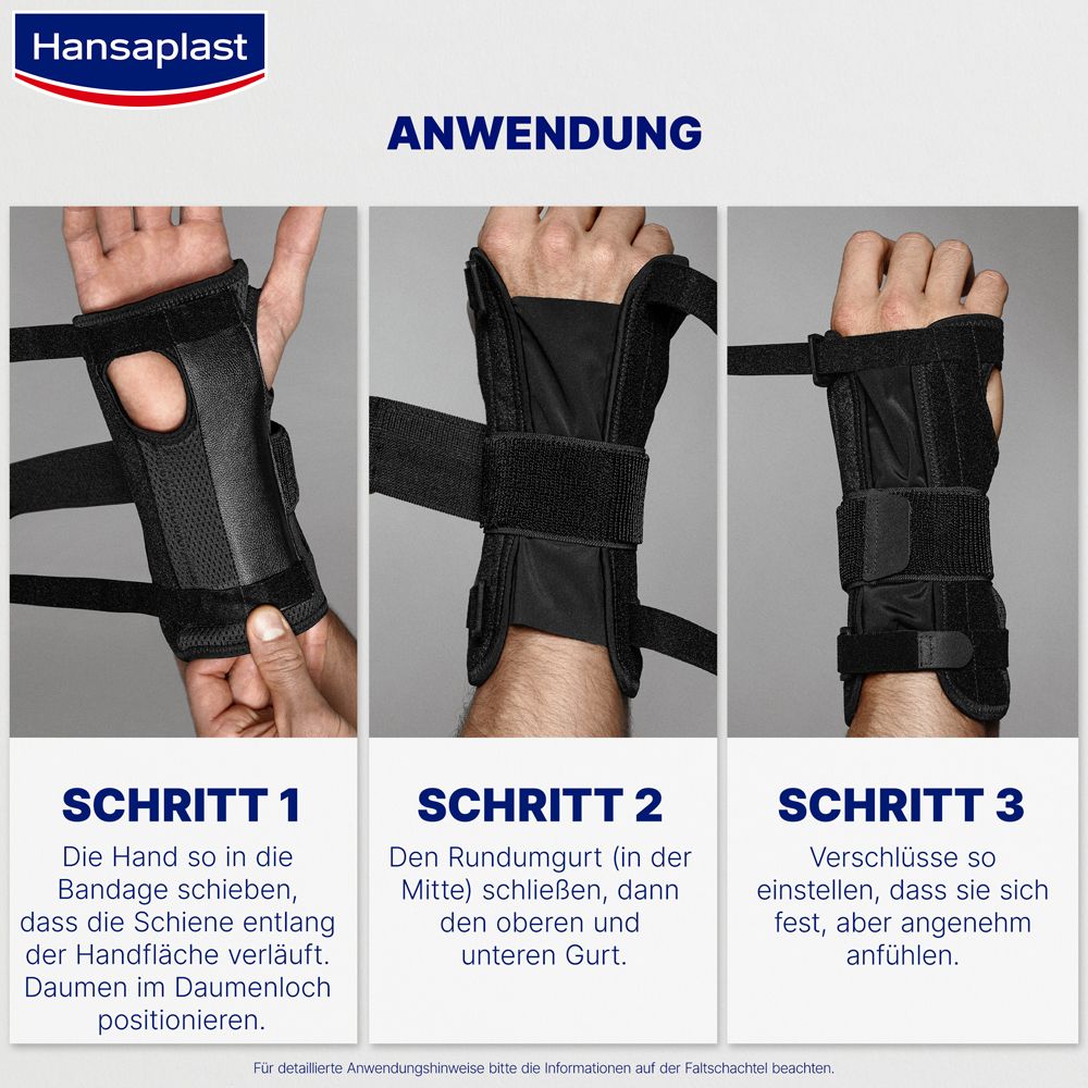 Anwendung der Handgelenkbandage. 3 Schritte. Text: Schritt 1, Schritt 2, Schritt 3.