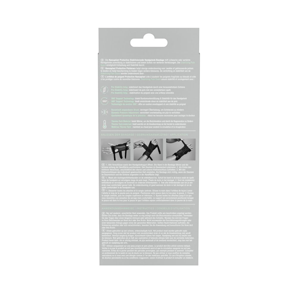 Rückseite der Verpackung. Text und Piktogramme zur Anwendung und Eigenschaften der Bandage.
