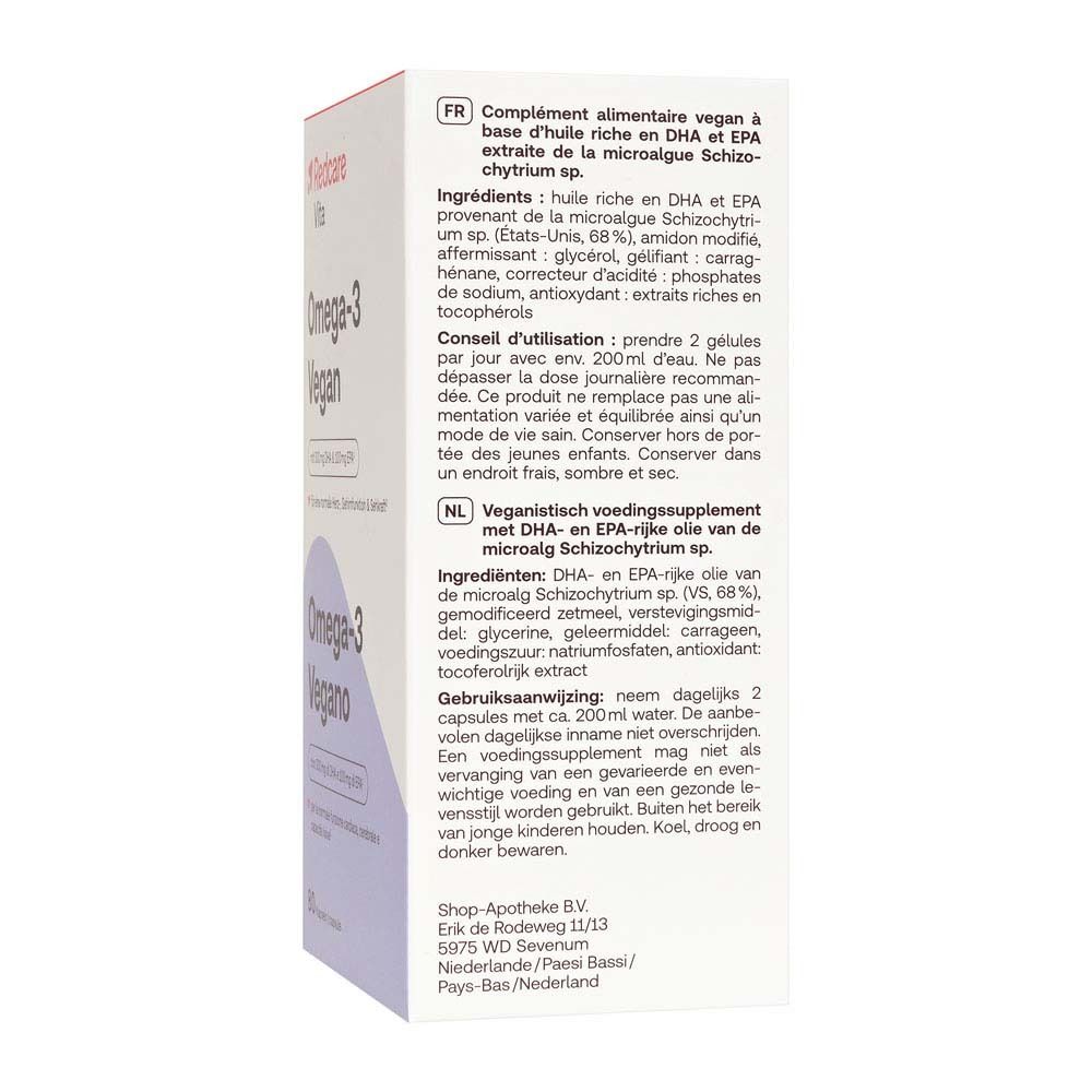 Rückseite der Redcare Omega-3 Vegan-Packung mit Text in mehreren Sprachen.