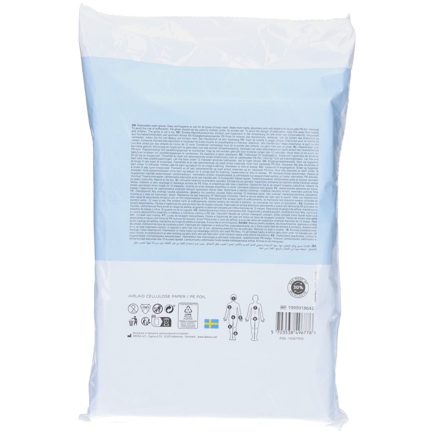 Rückseite der Waschhandschuh-Verpackung. Text, Piktogramme, Recycling-Symbol, schwedisches Qualitätszeichen. Abena.