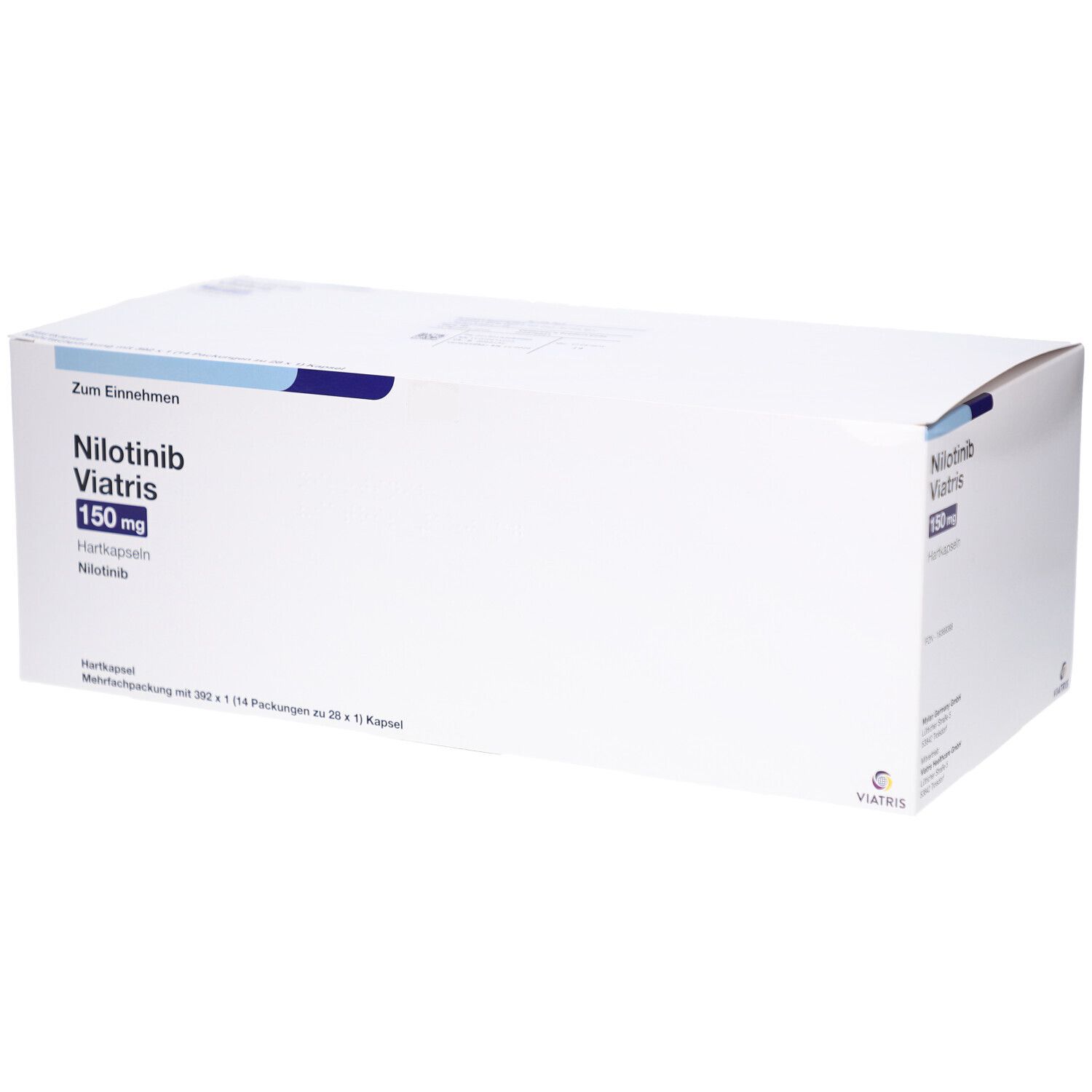 Weiße Verpackung von Nilotinib Viatris 150 mg Hartkapseln. Aufschrift: Zum Einnehmen, Nilotinib Viatris 150 mg Hartkapseln.