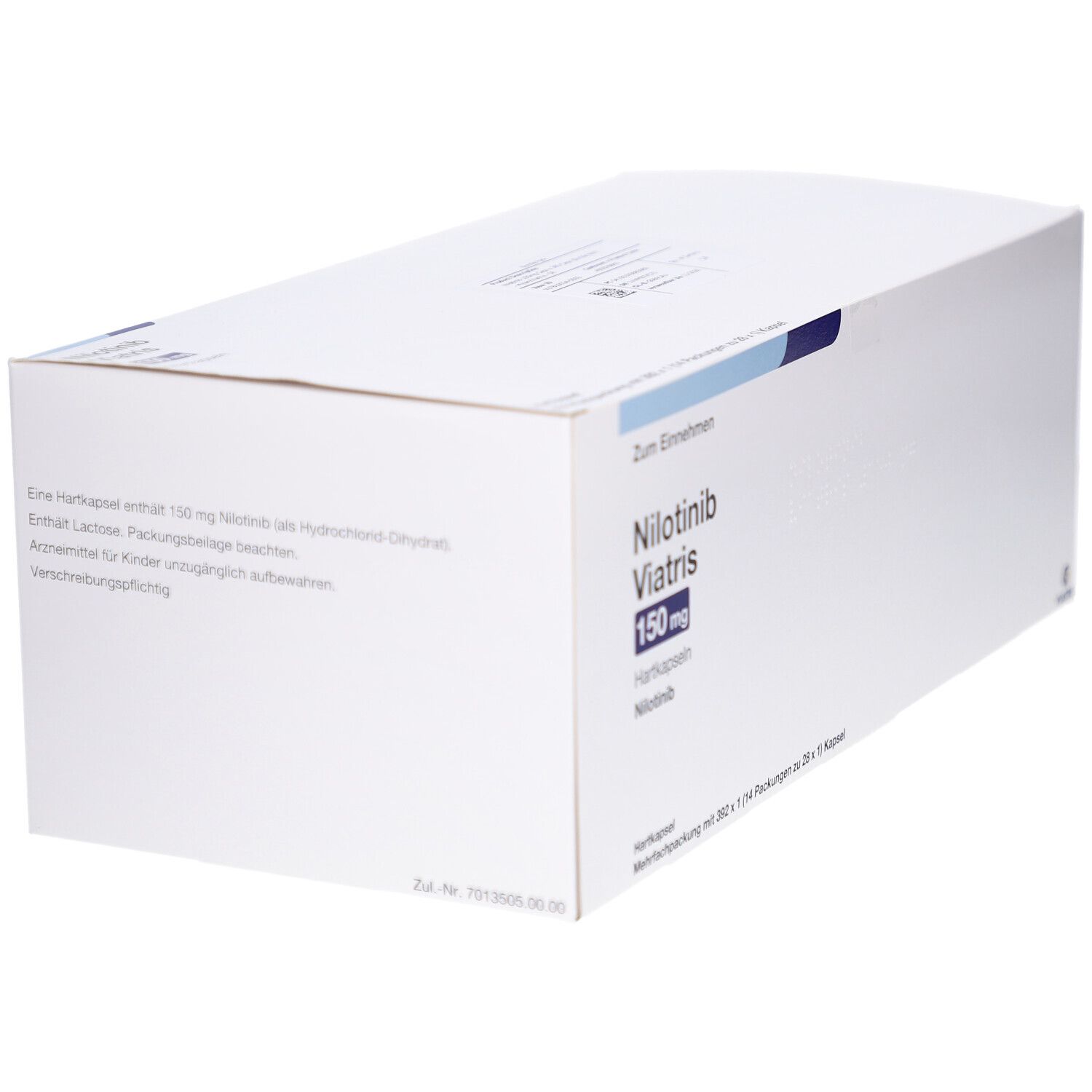 Weiße Verpackung von Nilotinib Viatris 150 mg Hartkapseln. Aufschrift: Zum Einnehmen, Nilotinib Viatris 150 mg Hartkapseln.