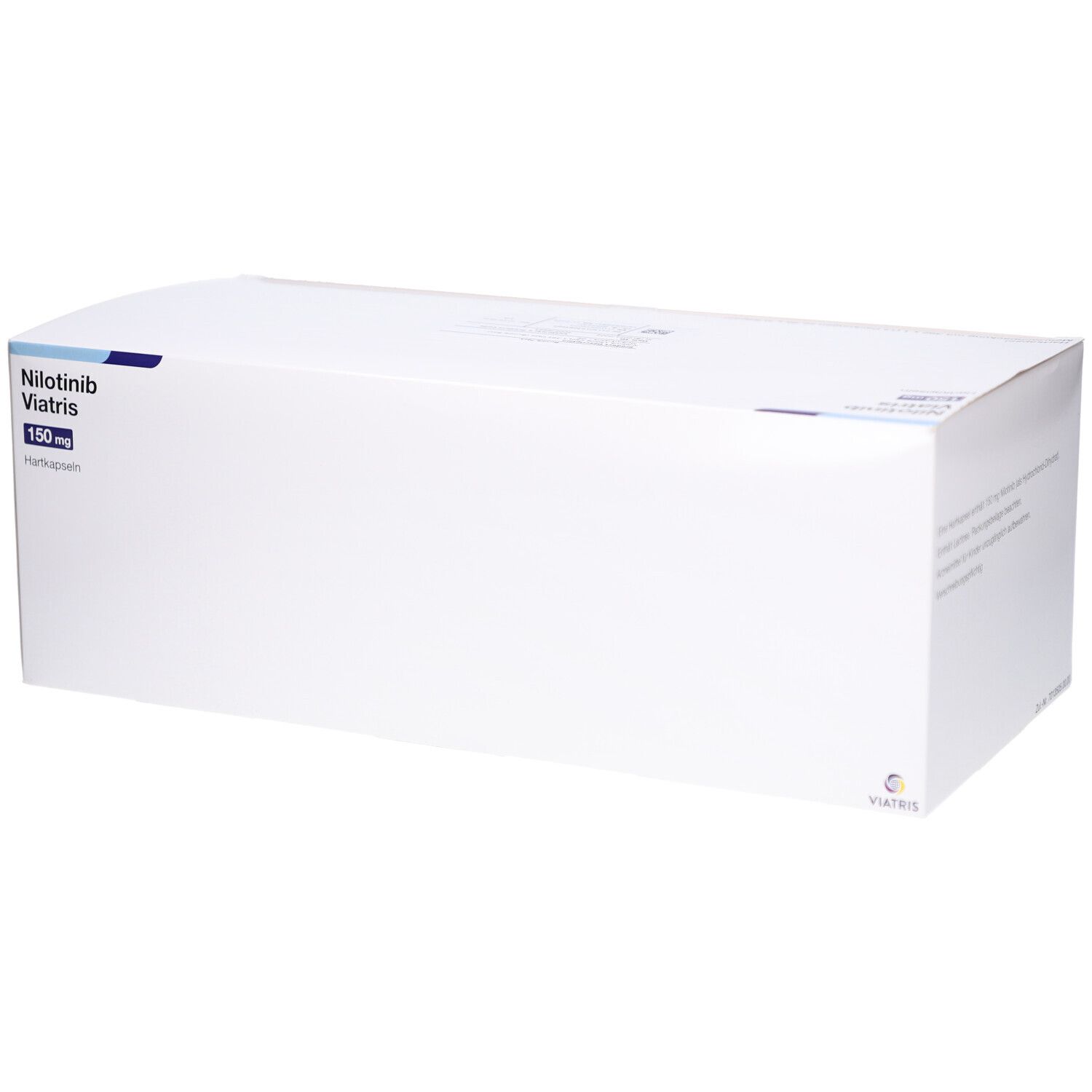 Weiße Verpackung von Nilotinib Viatris 150 mg Hartkapseln. Aufschrift: Nilotinib Viatris 150 mg Hartkapseln.
