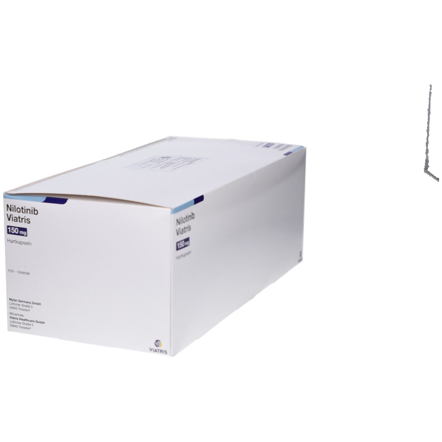 Weiße Verpackung von Nilotinib Viatris 150 mg Hartkapseln. Aufschrift: Nilotinib Viatris 150 mg Hartkapseln.