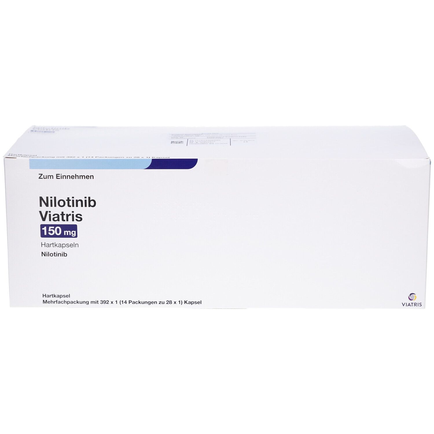 Weiße Verpackung von Nilotinib Viatris 150 mg Hartkapseln. Aufschrift: Zum Einnehmen, Nilotinib Viatris 150 mg Hartkapseln.