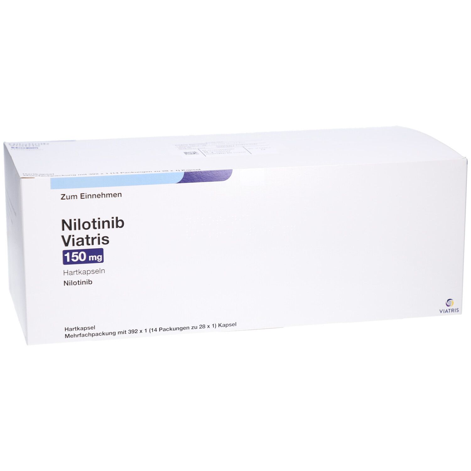 Weiße Verpackung von Nilotinib Viatris 150 mg Hartkapseln. Aufschrift: Zum Einnehmen, Nilotinib Viatris 150 mg Hartkapseln.
