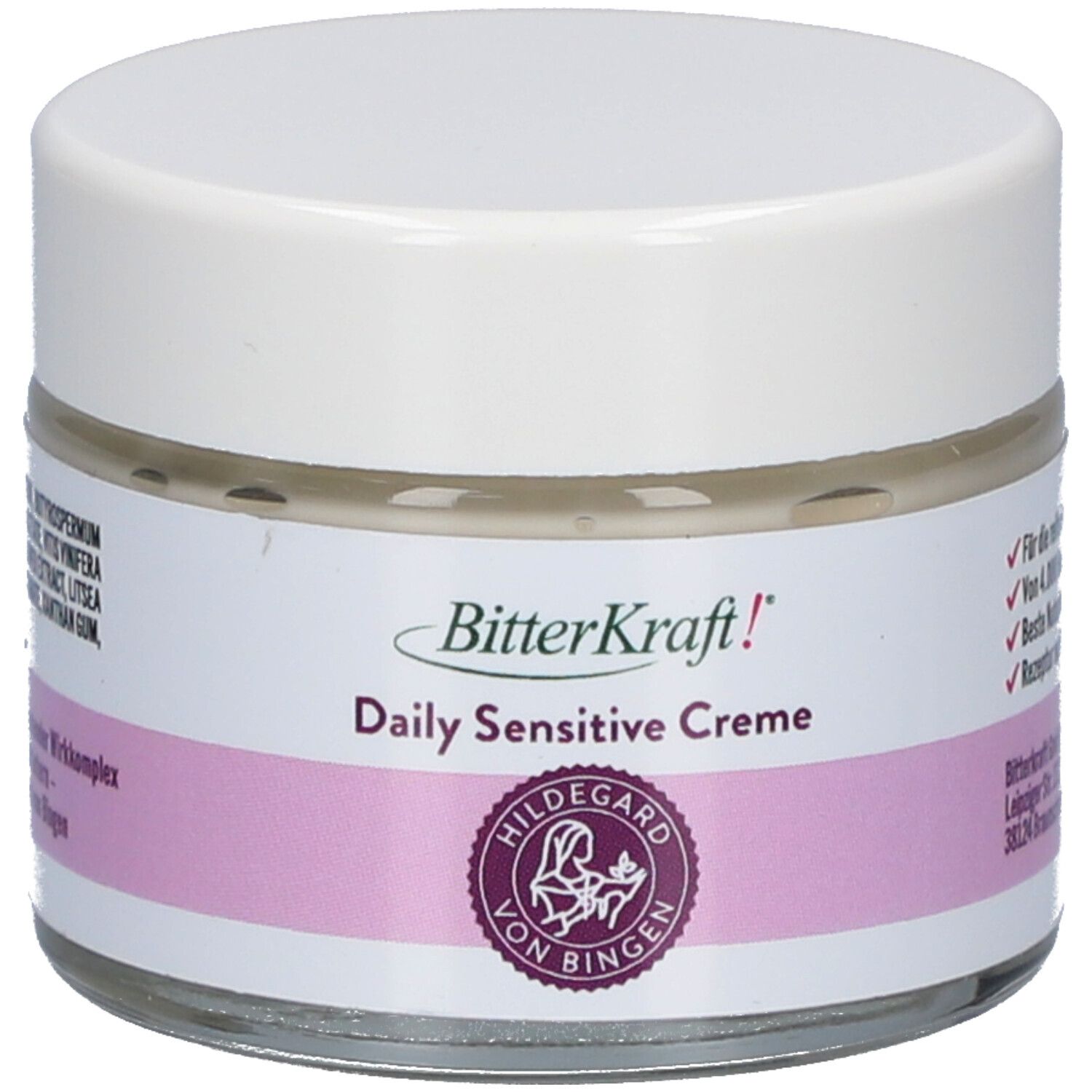 Creme-Glas mit weißem Deckel. Auf dem Etikett steht "BitterKraft! Daily Sensitive Creme" und ein Logo von Hildegard von Bingen.
