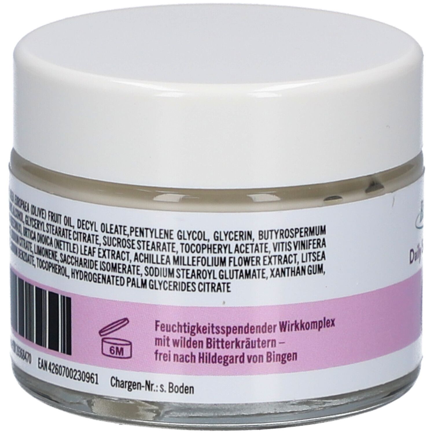 Rückseite des Creme-Glases. Auf dem Etikett stehen Inhaltsstoffe und Informationen. Ein Barcode ist ebenfalls sichtbar.